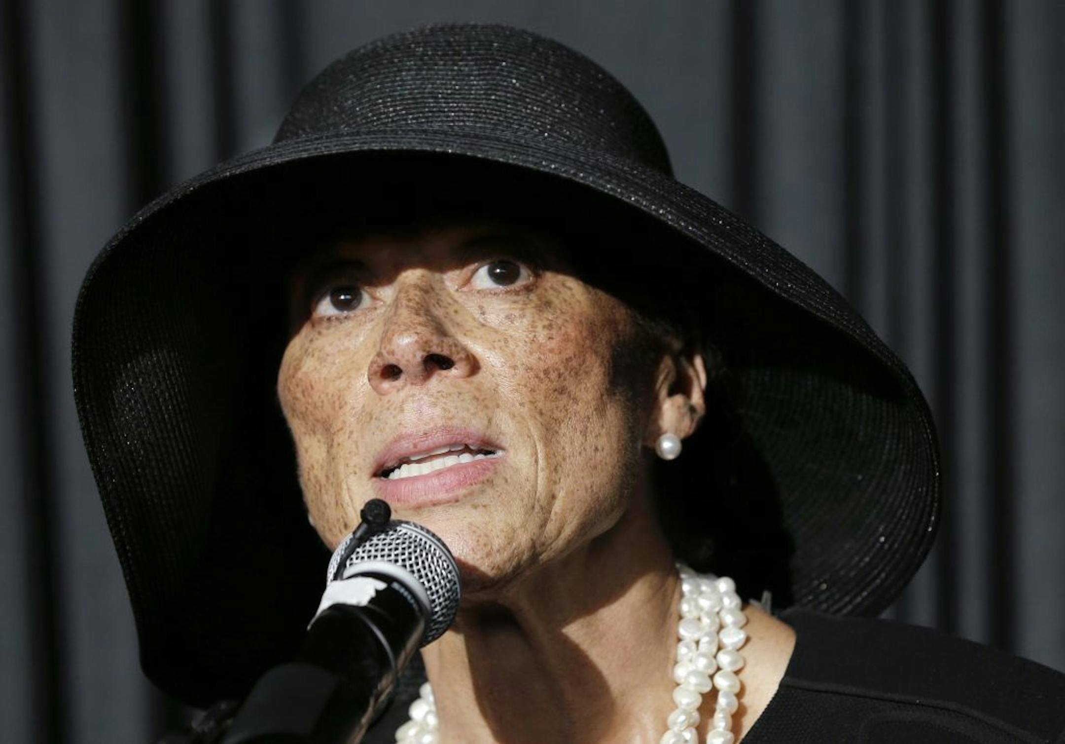 Lonnie Ali, widow of Muhammad Ali, thanks friends and supporters during a reception at the Muhammad Ali Center on Friday, June 10, 2016, in Louisville, Ky. The funeral and memorial service for the boxer were held earlier in the day.