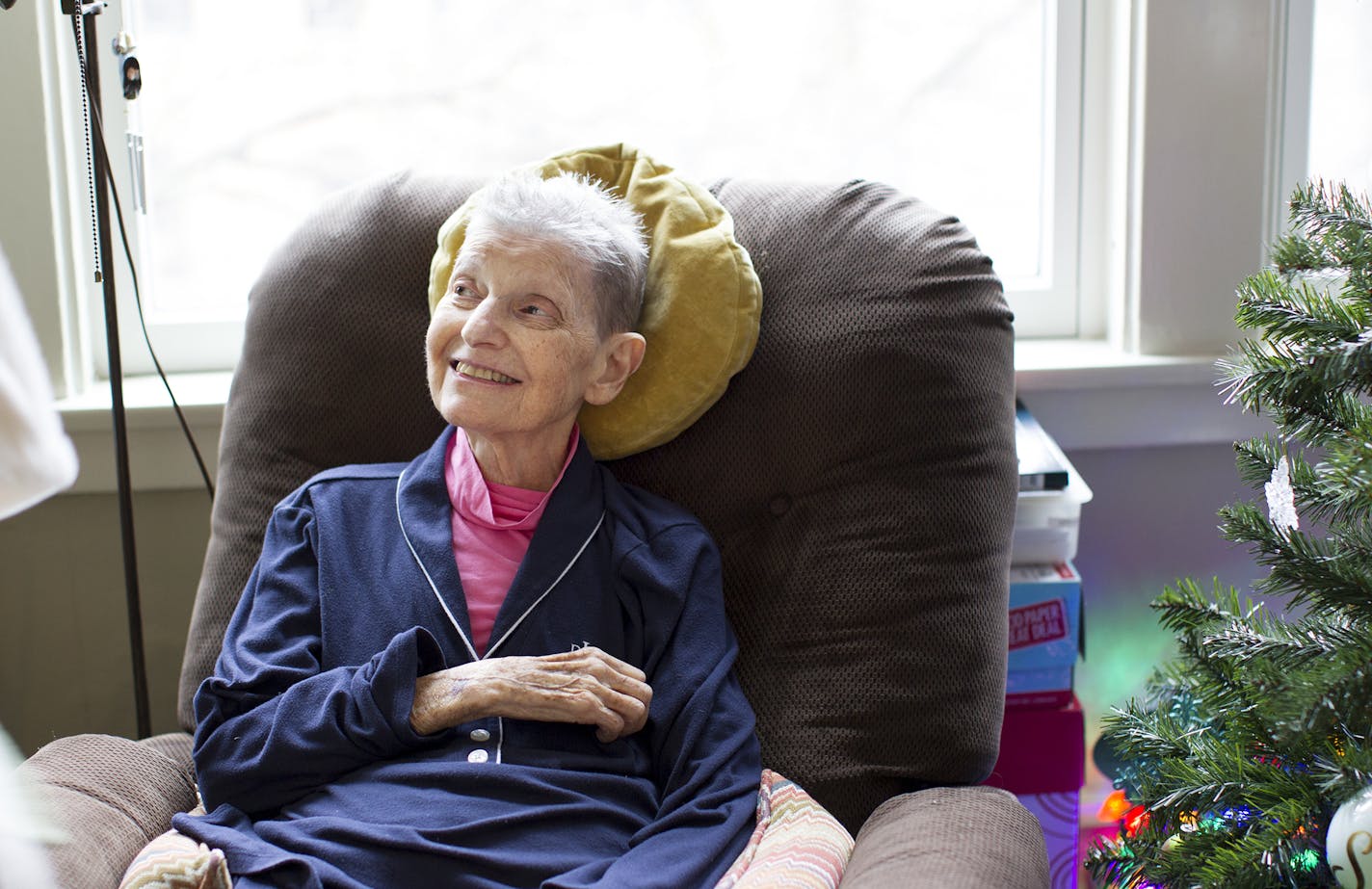 Wilma Evans, who has dementia and a full-time caretaker in her daughter, says that she likes the Healthsense eNeighbor system that monitors her movement and offers emergency support. Photographed at the Evans residence in St. Paul December 15, 2015. (Courtney Perry/Special to the Star Tribune)