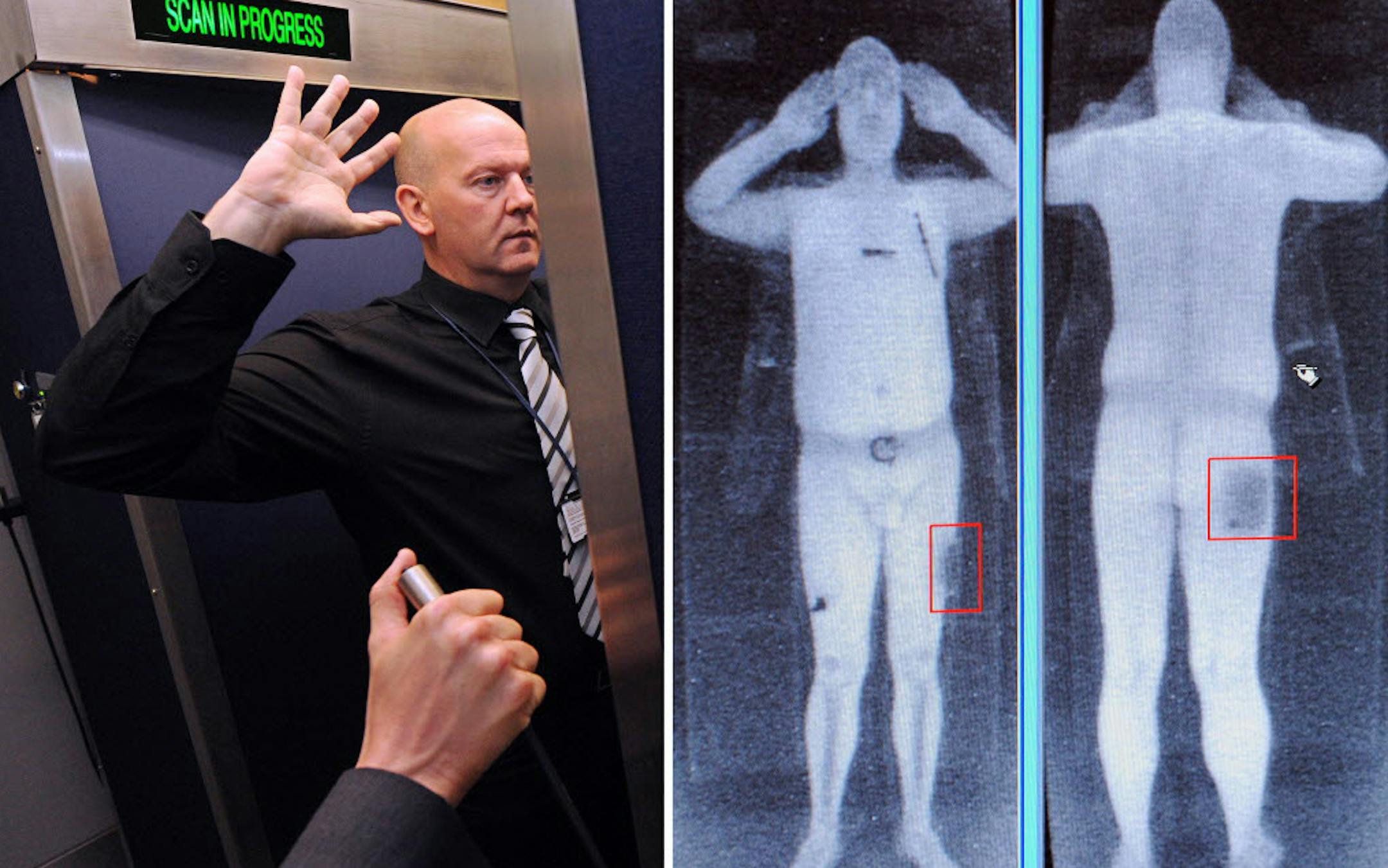A combination of images shows an airport staff member demonstrating a full body scan at Manchester Airport in Manchester, north-west England, and a computer screen showing the results of a full body scan. The image on the right is not from a scan of the man pictured left. The scanner works by bouncing x-rays off an individuals skin to produce an outline of the person's body which is then used to detect concealed, potentially dangerous objects. The image is then transmitted to a remote security o