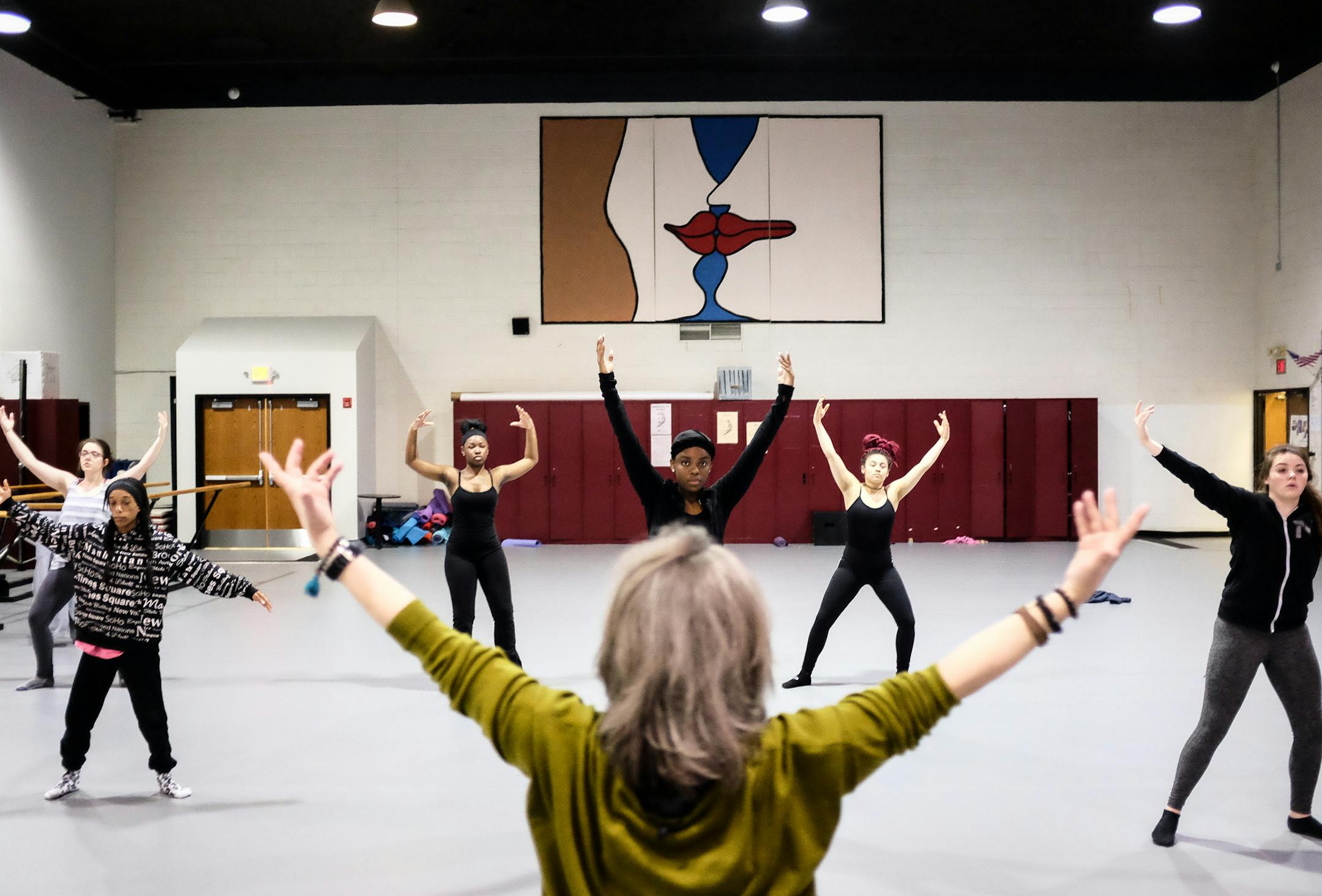 Instructor Mary Harding, bottom center, led a warmup for Perpich ballet students Wednesday afternoon. ] AARON LAVINSKY • aaron.lavinsky@startribune.com The house will soon decide the fate of the Perpich Center for the Arts and it's drowning school, Crosswinds, in Woodbury. A house bill would tank both schools, one of which both St. Paul and South Washington have offered to buy. The decision could reshape the future of arts education funding in the state. We photograph the Perpich Center d