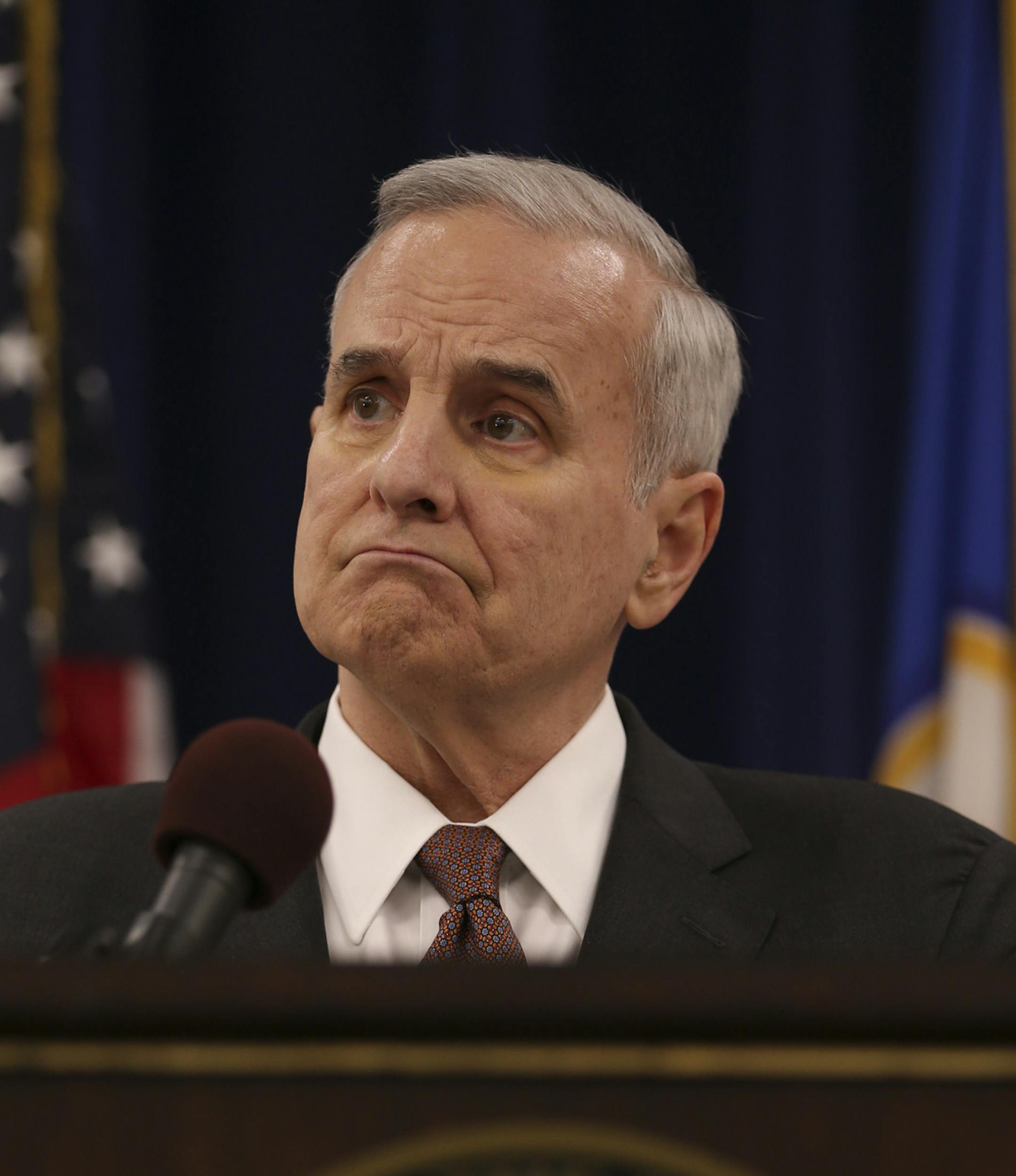 Gov. Mark Dayton during his news conference Thursday afternoon in the Veterans Service Building in St. Paul. ] JEFF WHEELER ï jeff.wheeler@startribune.com Gov. Mark Dayton held a news conference Thursday, March 3, 2016 to comment on the decision by the State of Minnesota that the 10-year environmental review of Minnesota's first proposed copper nickel mine is adequate, clearing the way fro the next critical steps in PolyMet's $650 million project ñ setting financial assurance and permi