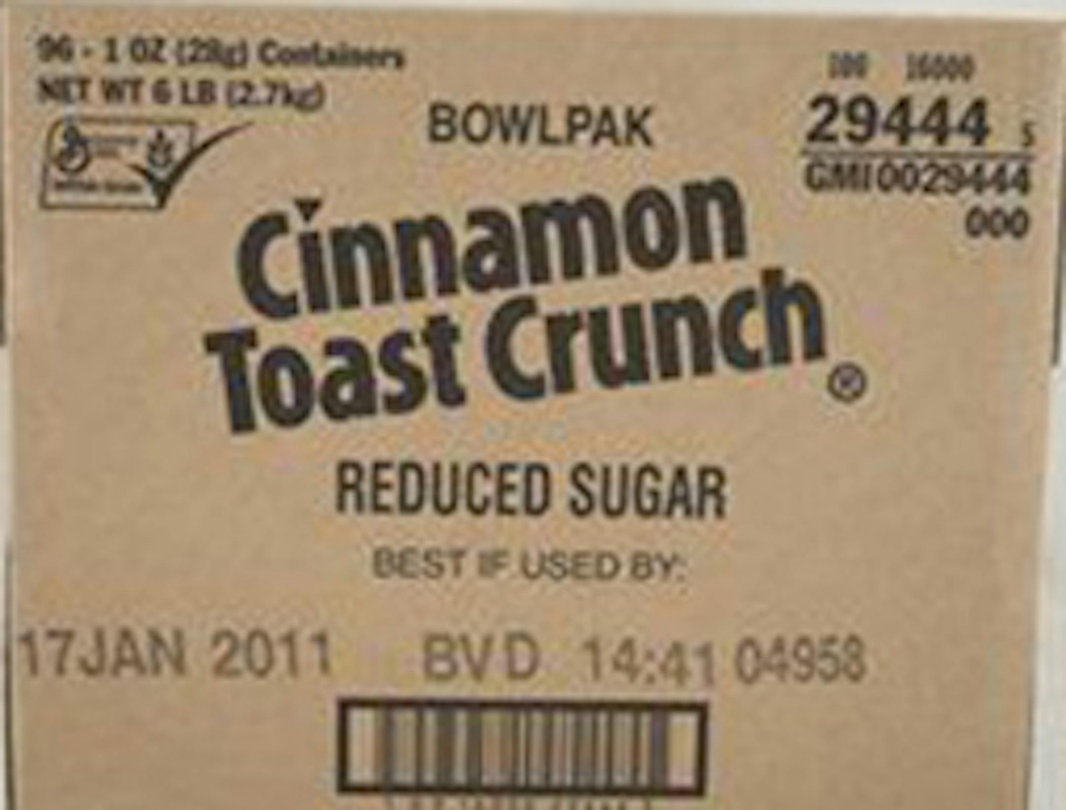 A box of single-serve, reduced-sugar Cinnamon Toast Crunch bowl packs.