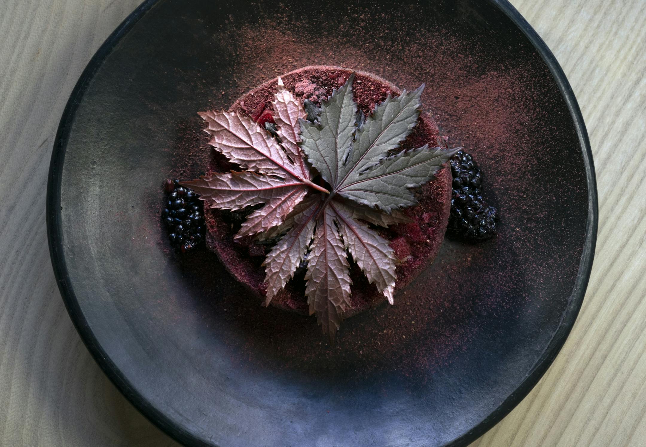 Chicken Liver Memelita pickled pears, preserved blackberry, shiso, hibiscus.