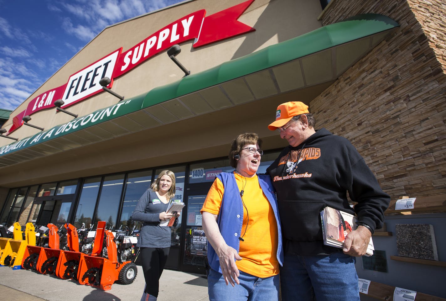 Rep. Tom Anzelc, DFL-Balsam Township, greeted employee Lauren Stish while campaigning outside the L&M Fleet Supply in Grand Rapids, Minn.