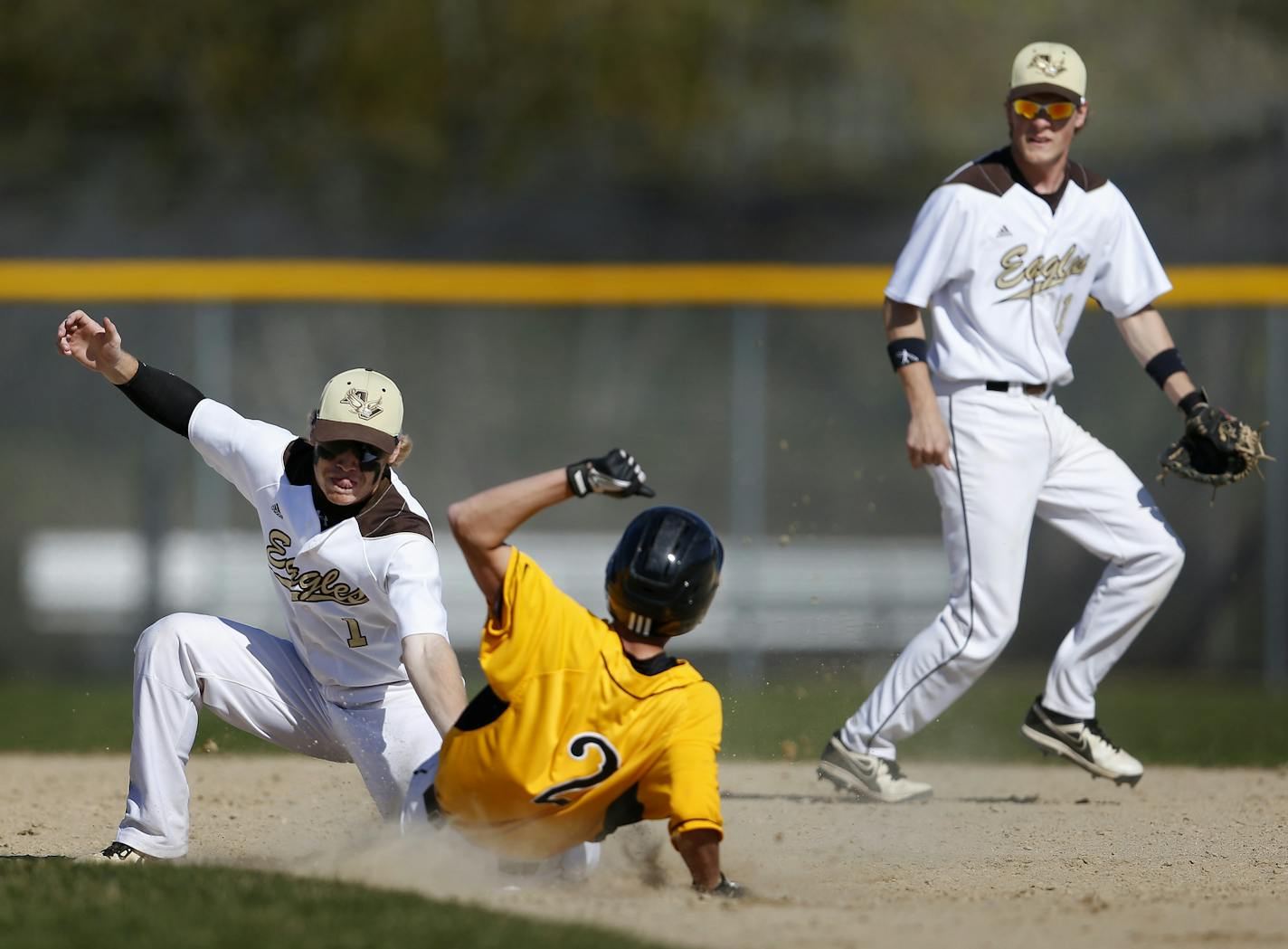 Apple Valley second baseman Cole Johnson (1) was backed up by shortstop Brady Casperson (11). ] CARLOS GONZALEZ cgonzalez@startribune.com, April 27, 2015, Apple Valley, Minn., Dakota zone sports feature on Apple Valley high school / prep baseball vs. Burnsville