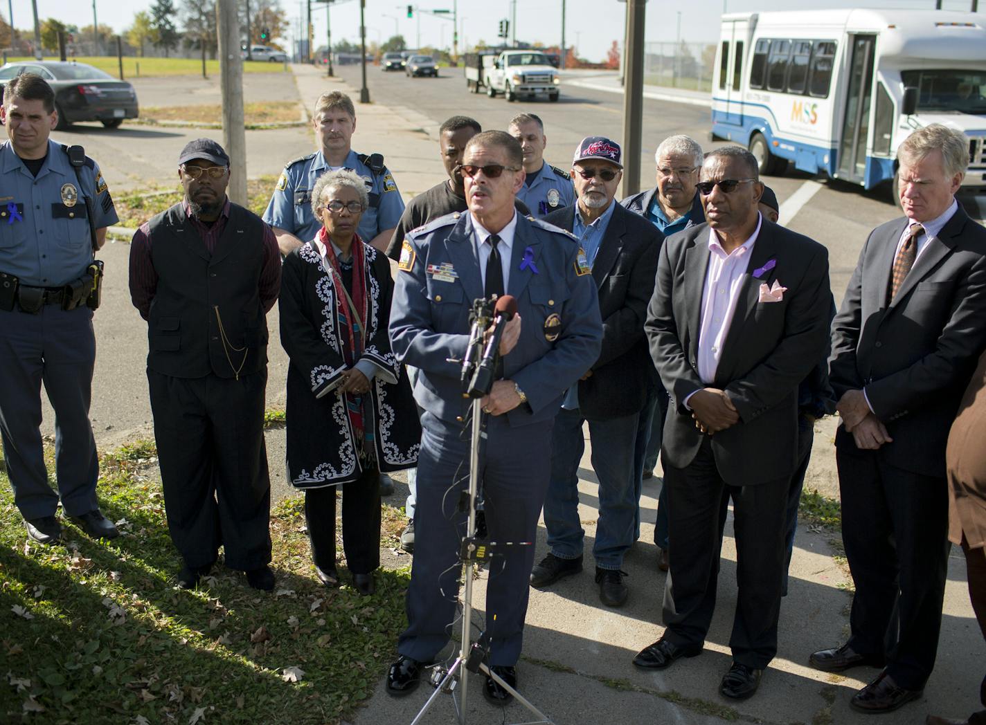 St. Paul Police Chief Thomas Smith (center) held a news conference with the city's African-American leadership Thursday, pleading for cooperation from the public to help in a recent rash of gun violence. ] Brian.Peterson@startribune.com St. Paul, MN - 10/21/2015