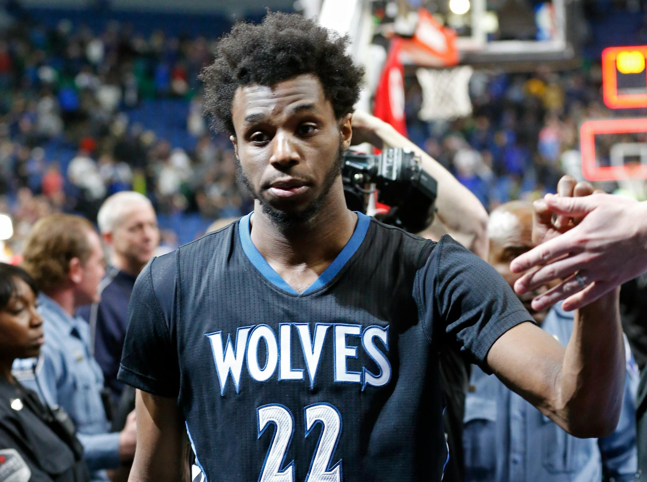 The Timberwolves' Andrew Wiggins was congratulated by fans as he left the floor after his team beat the Golden State Warriors on Friday night at Target Center.