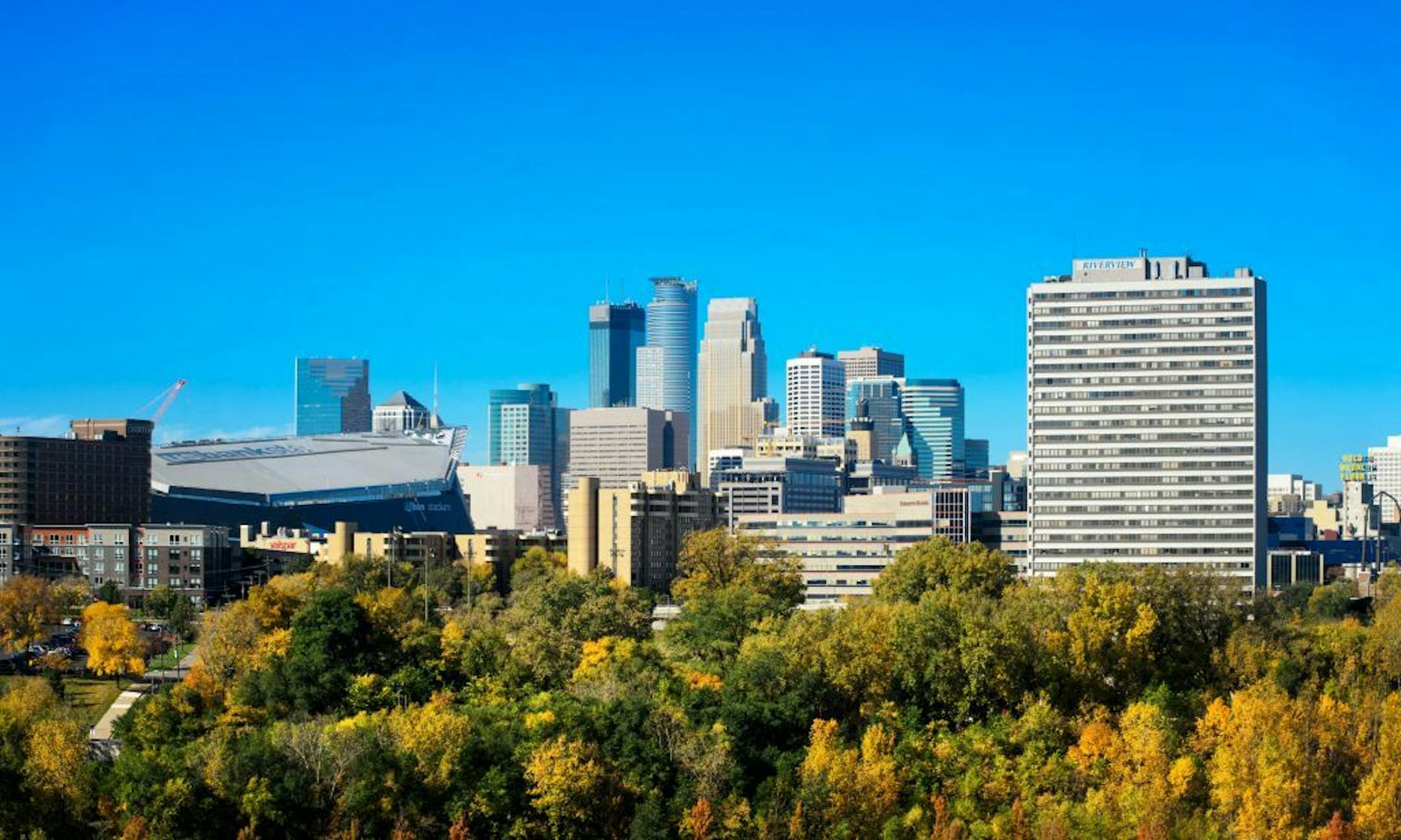 Minneapolis skyline as seen from the east bank of the University of Minnesota.