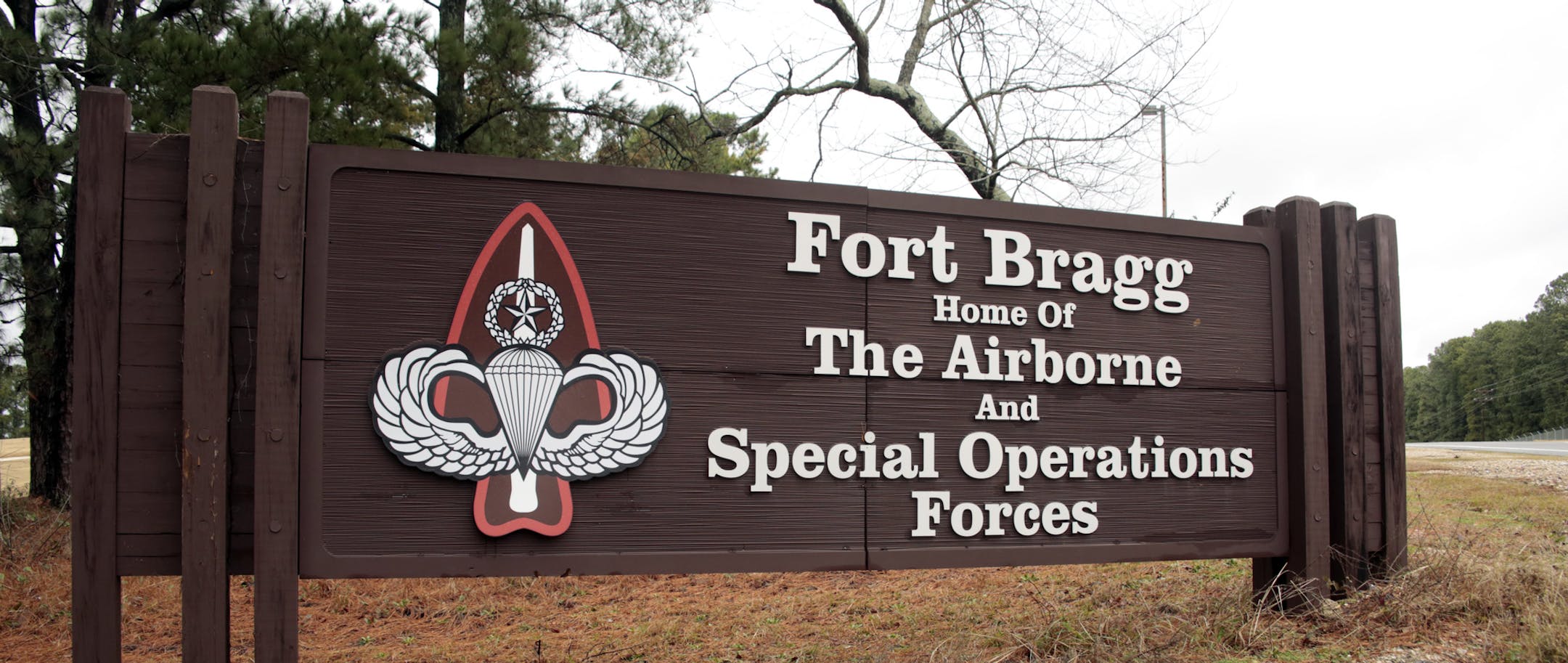 FILE - This Jan. 4, 2020 file photo shows a sign for at Fort Bragg, N.C. The fight over removing the names of Confederate generals from U.S. Army bases, like Fort Bragg in Fayetteville, has become a national debate. But in North Carolina's new 8th Congressional District, which includes Fort Bragg and all of Cumberland County, the issue is much more personal. (AP Photo/Chris Seward, File)