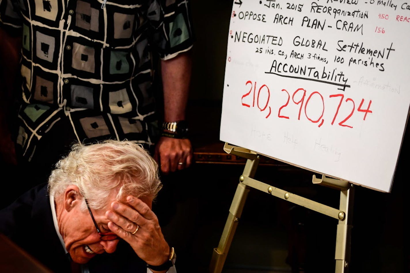 Attorney Jeff Anderson was overcome with emotion Thursday, May 31, 2018, after writing the sum of the settlement reached between the Archdiocese of St. Paul and Minneapolis and clergy abuse survivors. The total, in red, comes out to more than $210 million.