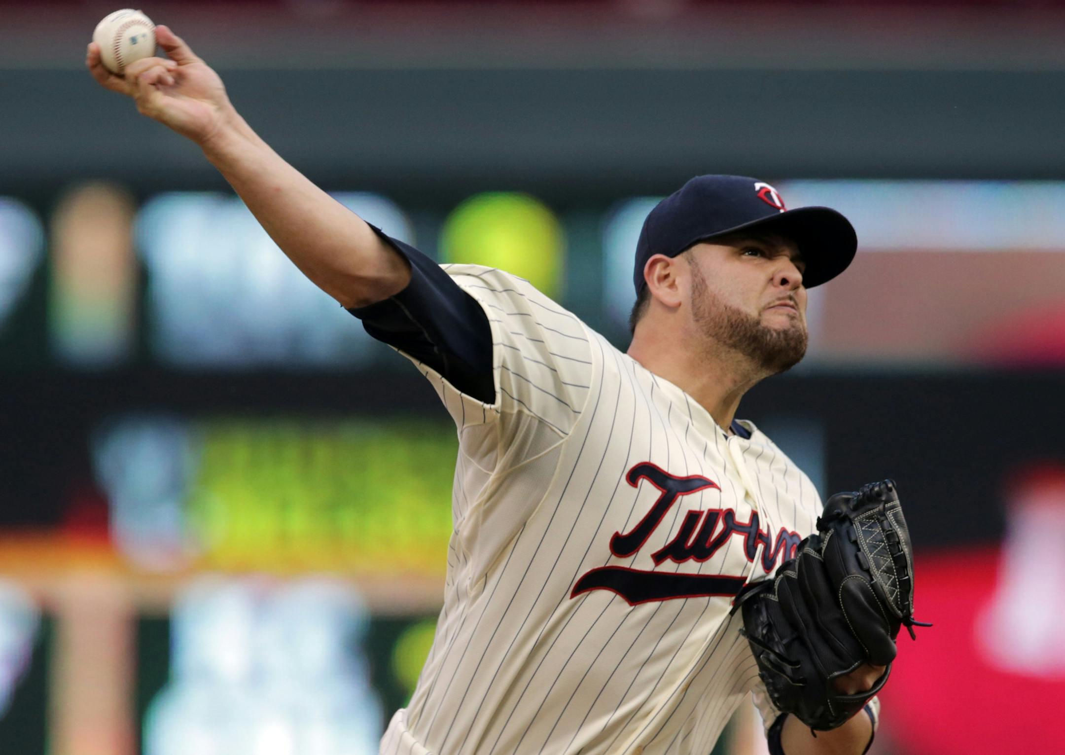 Minnesota Twins pitcher Ricky Nolasco throws against the Cleveland Indians in the first inning of a baseball game, Wednesday, Aug. 20, 2014, in Minneapolis. (AP Photo/Jim Mone)