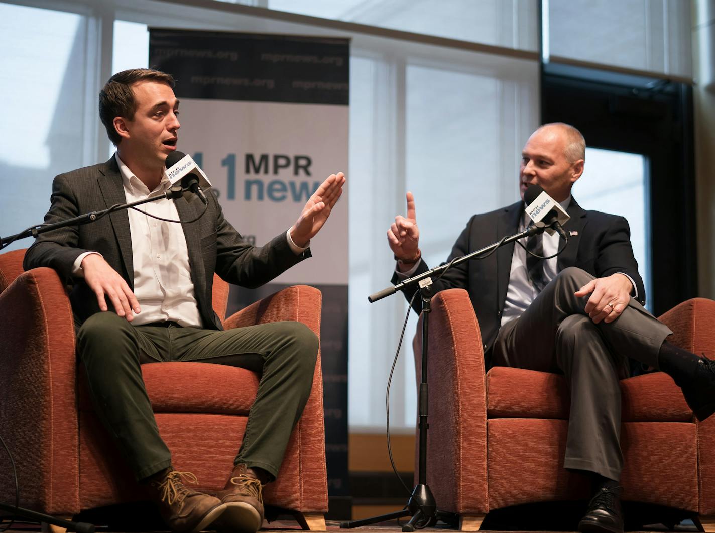 Eighth District candidates Joe Radinovich and Pete Stauber frequently interrupted each other during the debate hosted by MPR political director Mike Mulcahy on Friday, Oct. 26, 2018.