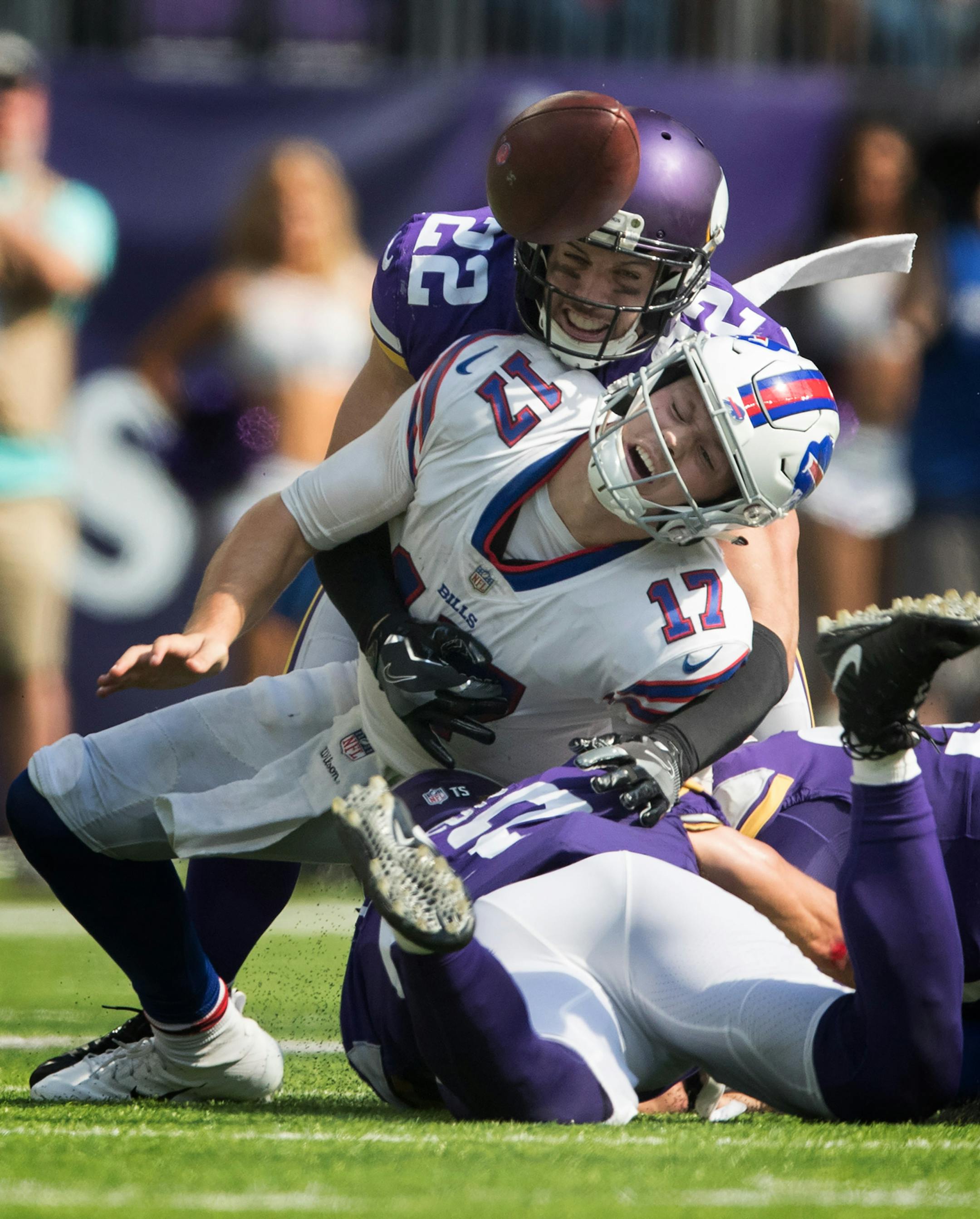 Buffalo Bills quarterback Josh Allen (17) fumbled the football after being hit by Minnesota Vikings defensive back Harrison Smith (22) in the third quarter, Bills recovered the ball at US Bank Stadium Sunday September 23, 2018 in Minneapolis, MN. ] JERRY HOLT ï jerry.holt@startribune.com