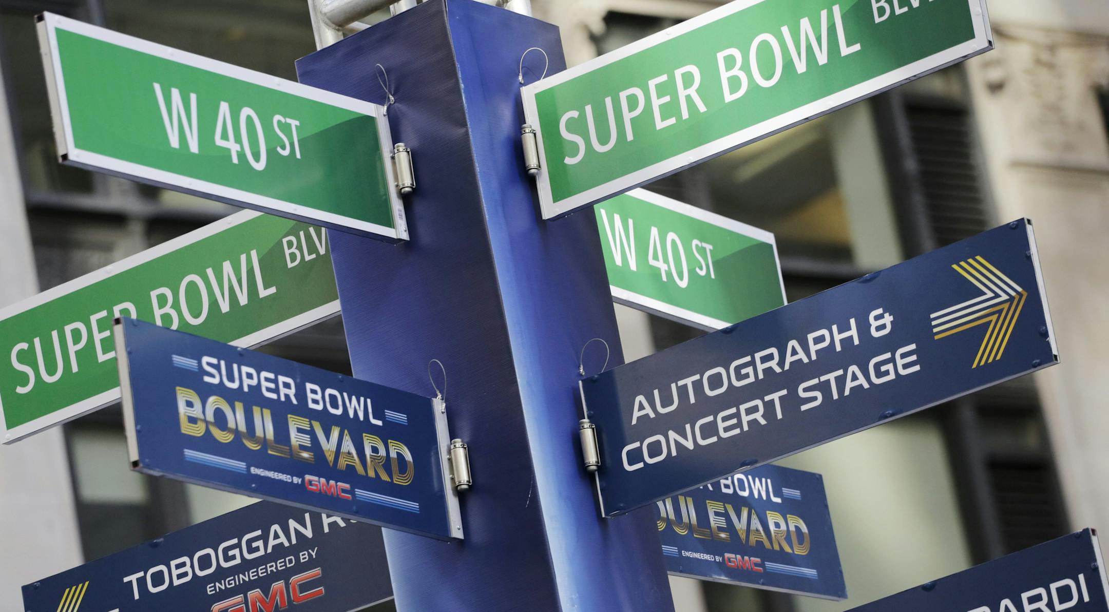 Street signs for Super Bowl Boulevard point to attractions, Tuesday, Jan. 28, 2014 in New York's Times Square. Thirteen blocks of midtown Manhattan have been converted into a temporary festival space leading up to the National Football League's championship game between the Seattle Seahawks and the Denver Broncos on Sunday, Feb. 2, in East Rutherford, N.J. (AP Photo/Mark Lennihan)