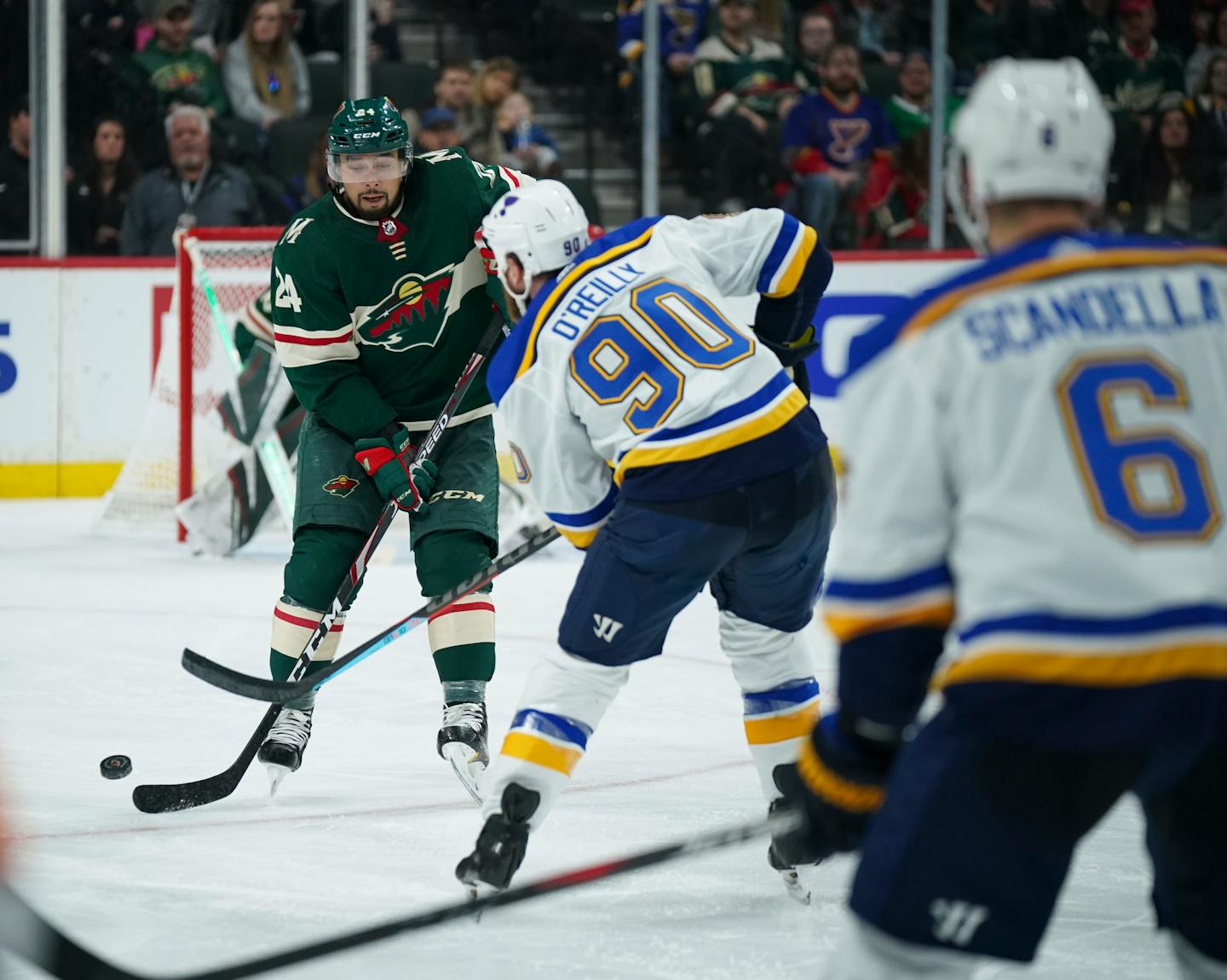 Minnesota Wild defenseman Matt Dumba (24) tried to block a third period shot by St. Louis Blues center Ryan O'Reilly (90). ] JEFF WHEELER • Jeff.Wheeler@startribune.com