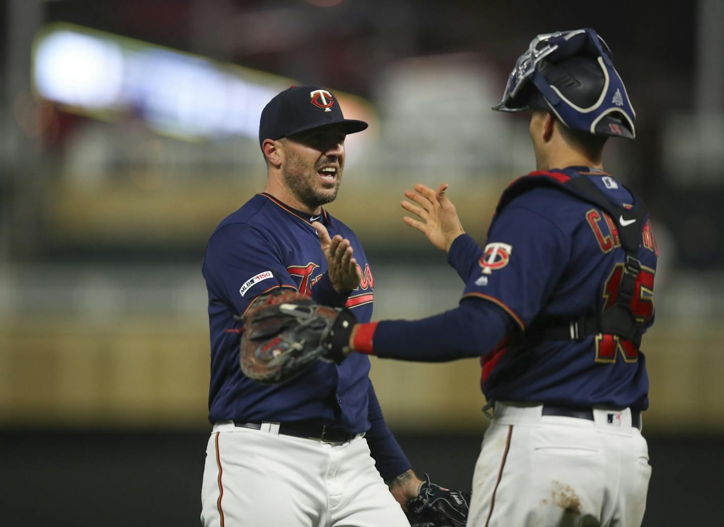 Blake Parker celebrated with catcher Jason Castro after striking out the Toronto Blue Jays' Brandon Drury last month.