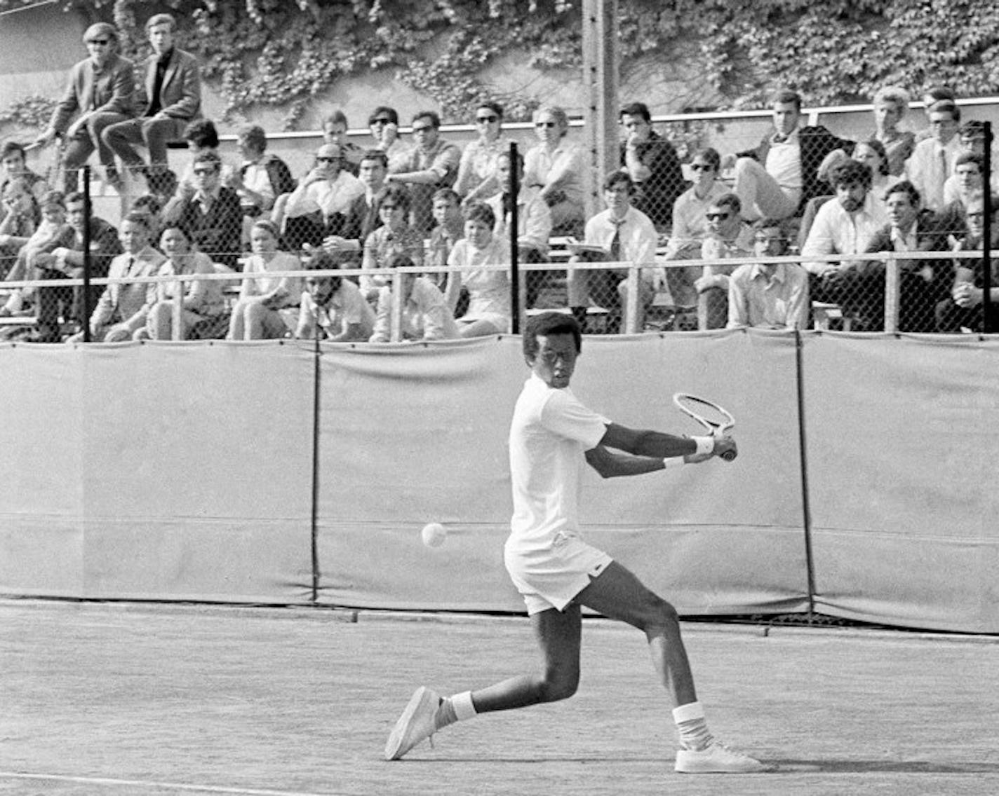 American tennis champion Arthur Ashe beats Czyslaw Rybarcwyk of Poland, 6-0, 6-2, 6-0, during the ìInternationaux de Parisî on the Stade Roland Garros in Paris on May 25, 1970.