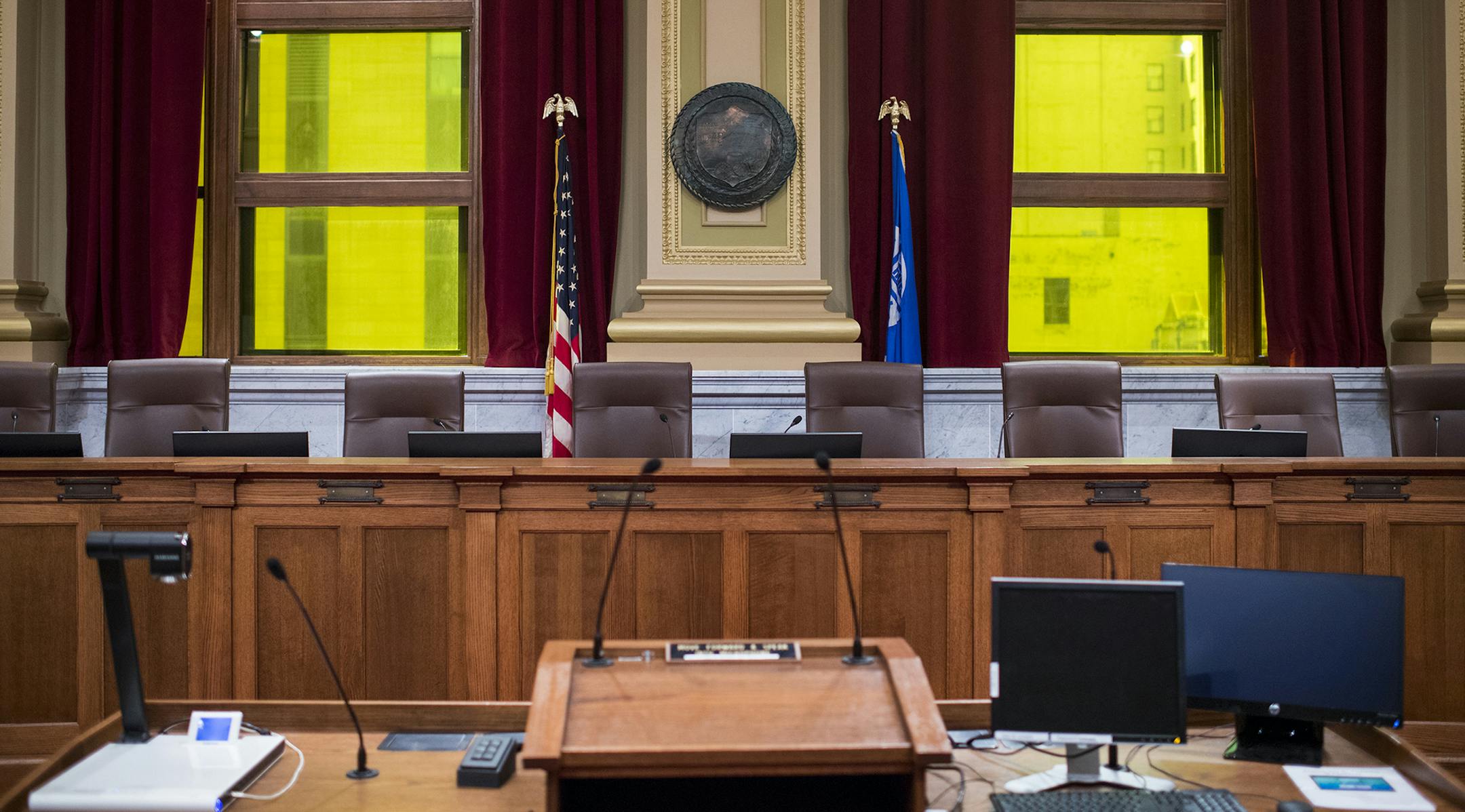 The city council chamber features green-tinted windows. When the windows were clear, the council members appeared greenish on television, and now appear naturally with the green windows behind them. ] Isaac Hale ï isaac.hale@startribune.com Teresa Baker, of the Municipal Building Commission, gave a tour of the oddities and interesting facets of the Minneapolis City Council building on Monday, June 27, 2016. ORG XMIT: MIN1606271815310094 ORG XMIT: MIN1607141332031113
