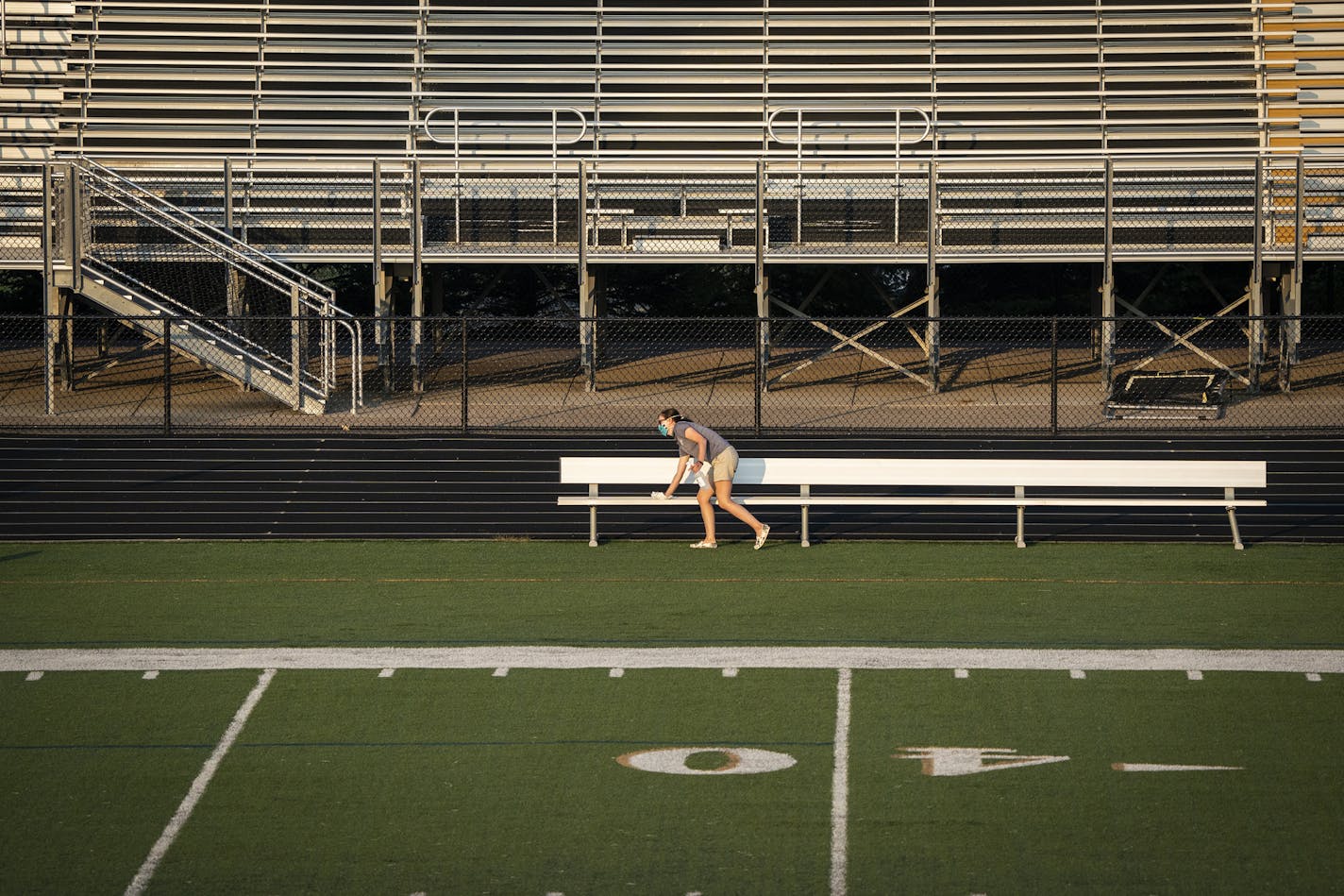 The sideline benches were sanitized between games at East Ridge High School. ] LEILA NAVIDI • leila.navidi@startribune.com BACKGROUND INFORMATION: Mounds View boys soccer plays East Ridge at East Ridge High School in Woodbury on Thursday, August 27, 2020. What is it like to play, coach, officiate and watch prep soccer in the COVID age?