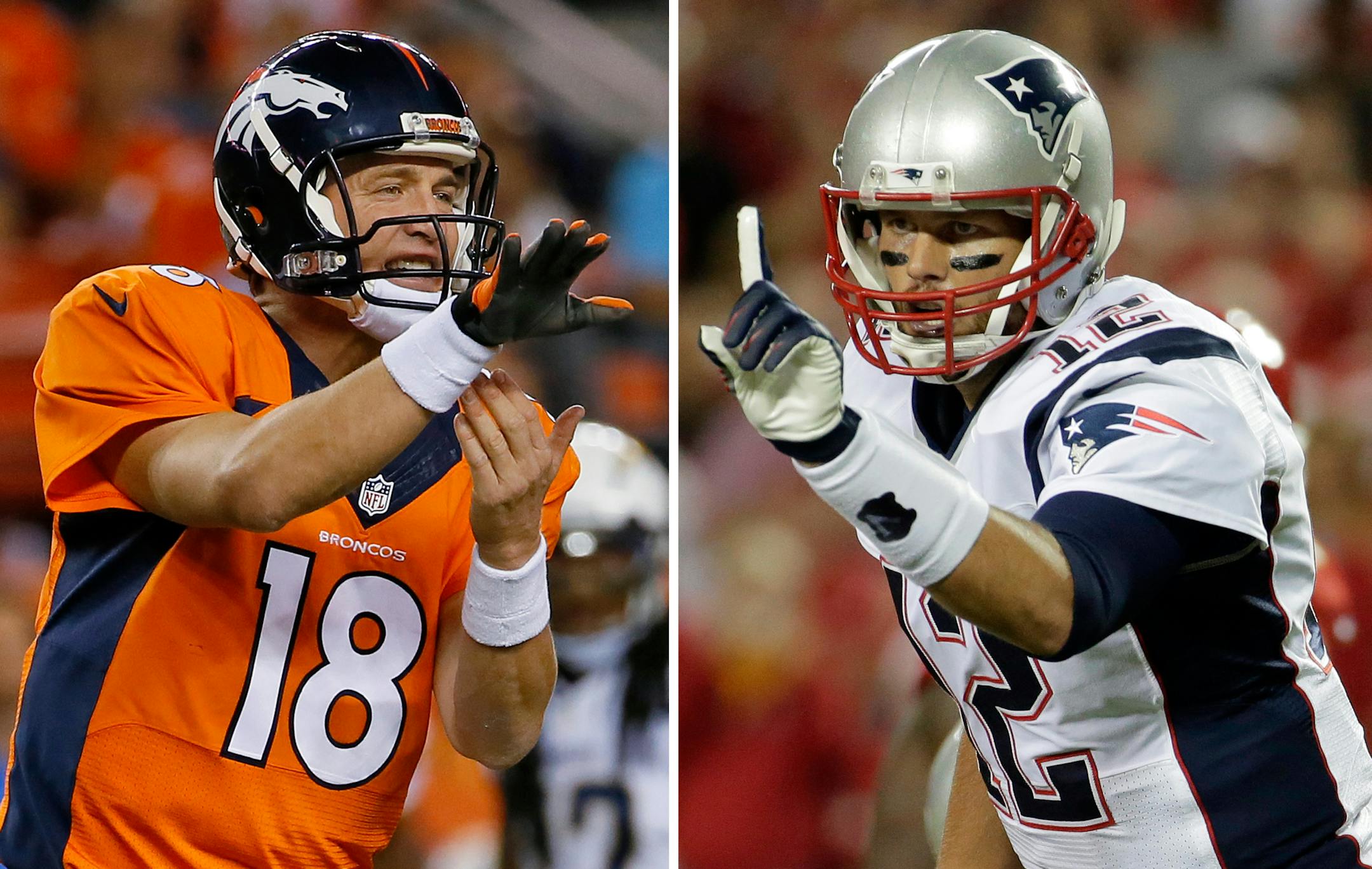 FILE - At left, in an Oct. 23, 2014, file photo, Denver Broncos quarterback Peyton Manning calls a play against the San Diego Chargers during the first half of an NFL football game in Denver. At right, in a Sept. 29, 2014, file photo, New England Patriots quarterback Tom Brady points on the line of scrimmage during the first quarter of an NFL football game against the Kansas City Chiefs in Kansas City, Mo. New England has little time to savor its fourth straight win, a 51-23 pounding of the Chic