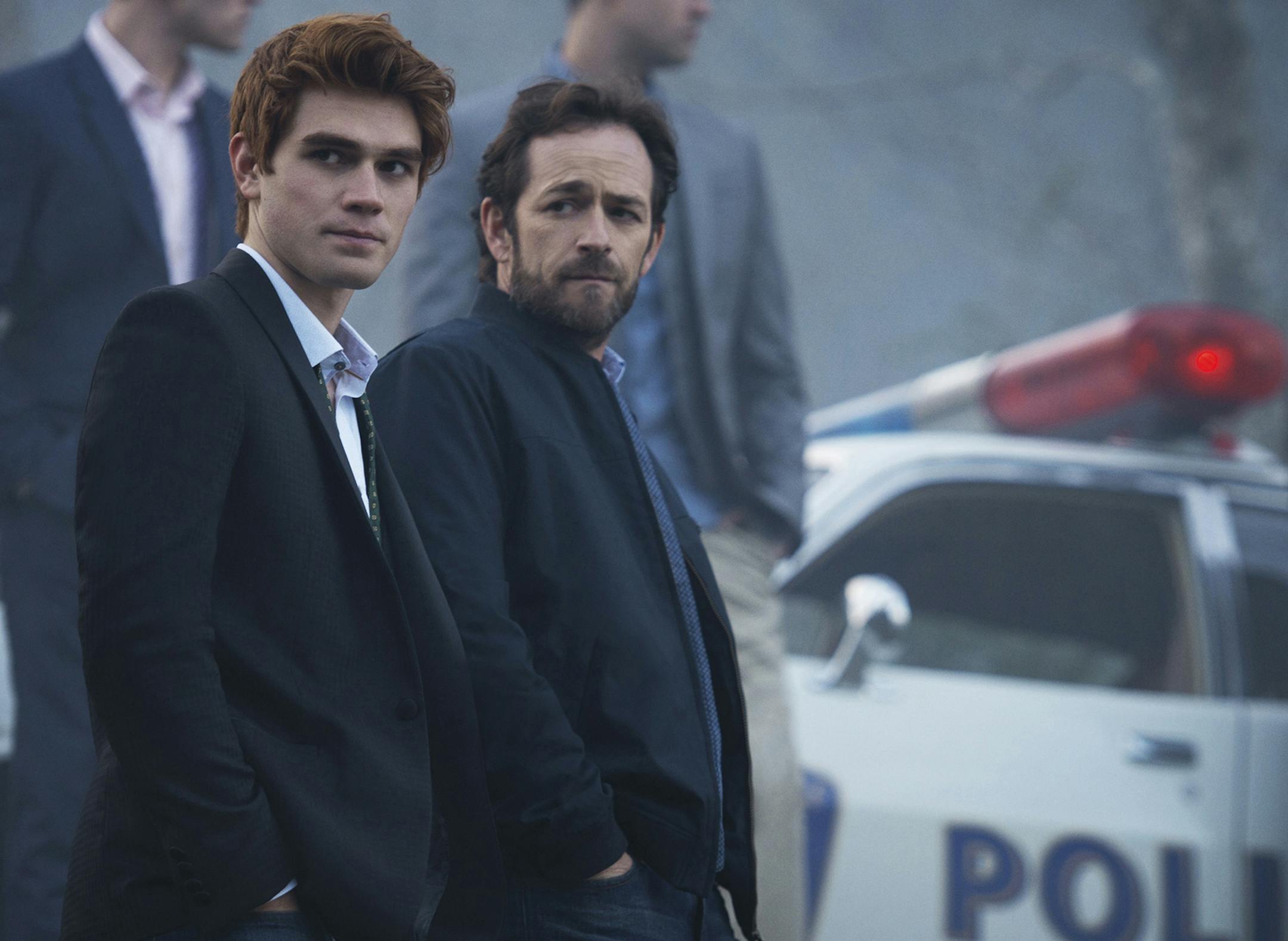 KJ Apa as Archie and Luke Perry as his father, Fred, in “Riverdale.”