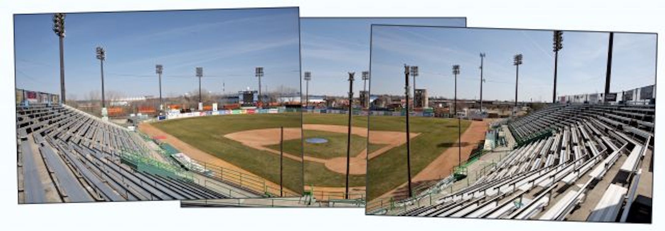 Three images of Midway Stadium in St. Paul used to create one image. All images taken from in front of the press box.