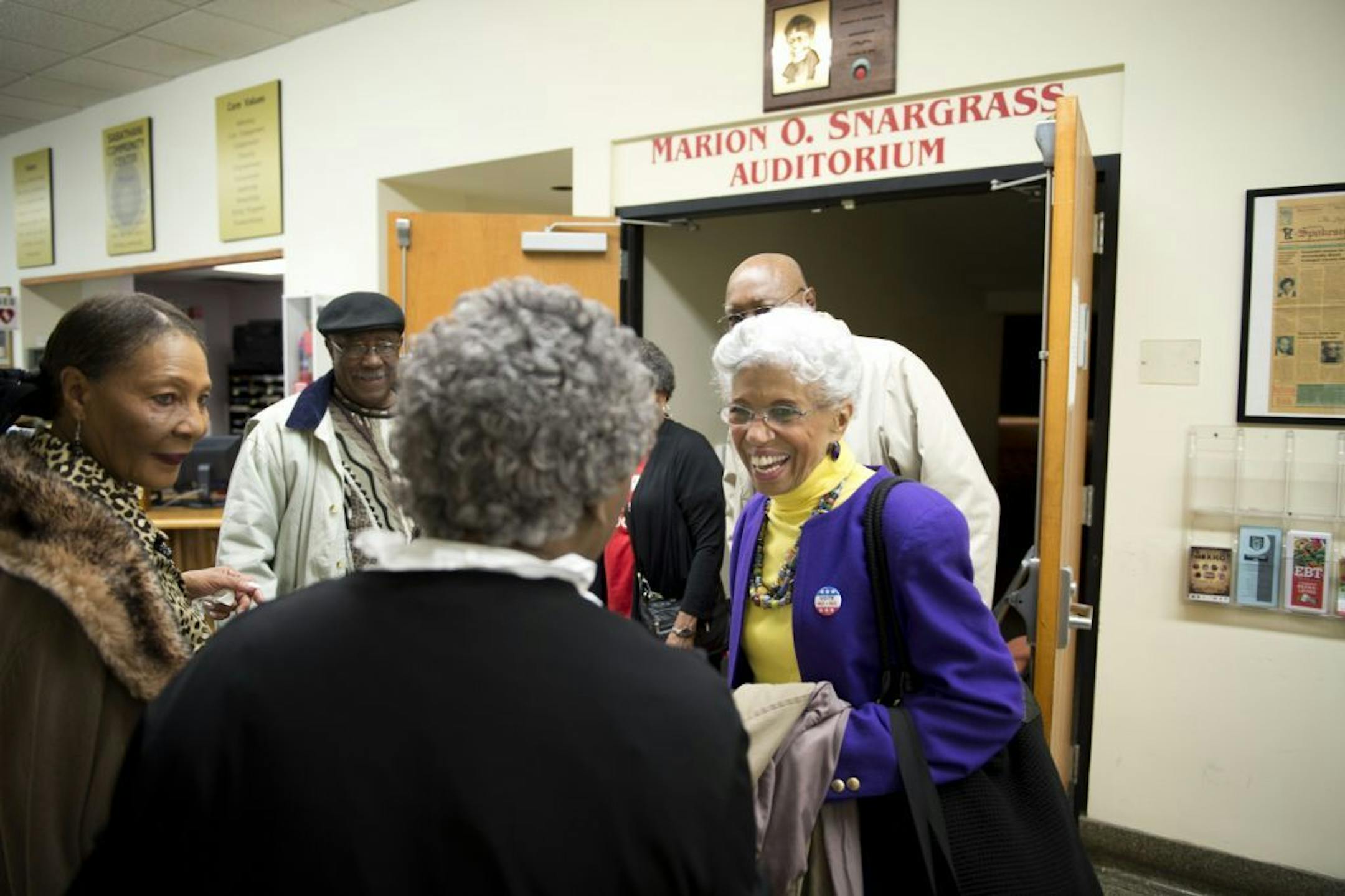 Josie Johnson greeted friends who came to Sabathani Community Center to hear her speak about the proposed Voter ID amendment. Johnson, 82, is a leading opposition to the photo ID amendment from a civil rights perspective. She is an African American woman who grew up in Houston during the days of literacy tests and is eloquent in describing why photo ID reminds her of those days. Wednesday, October 17, 2012