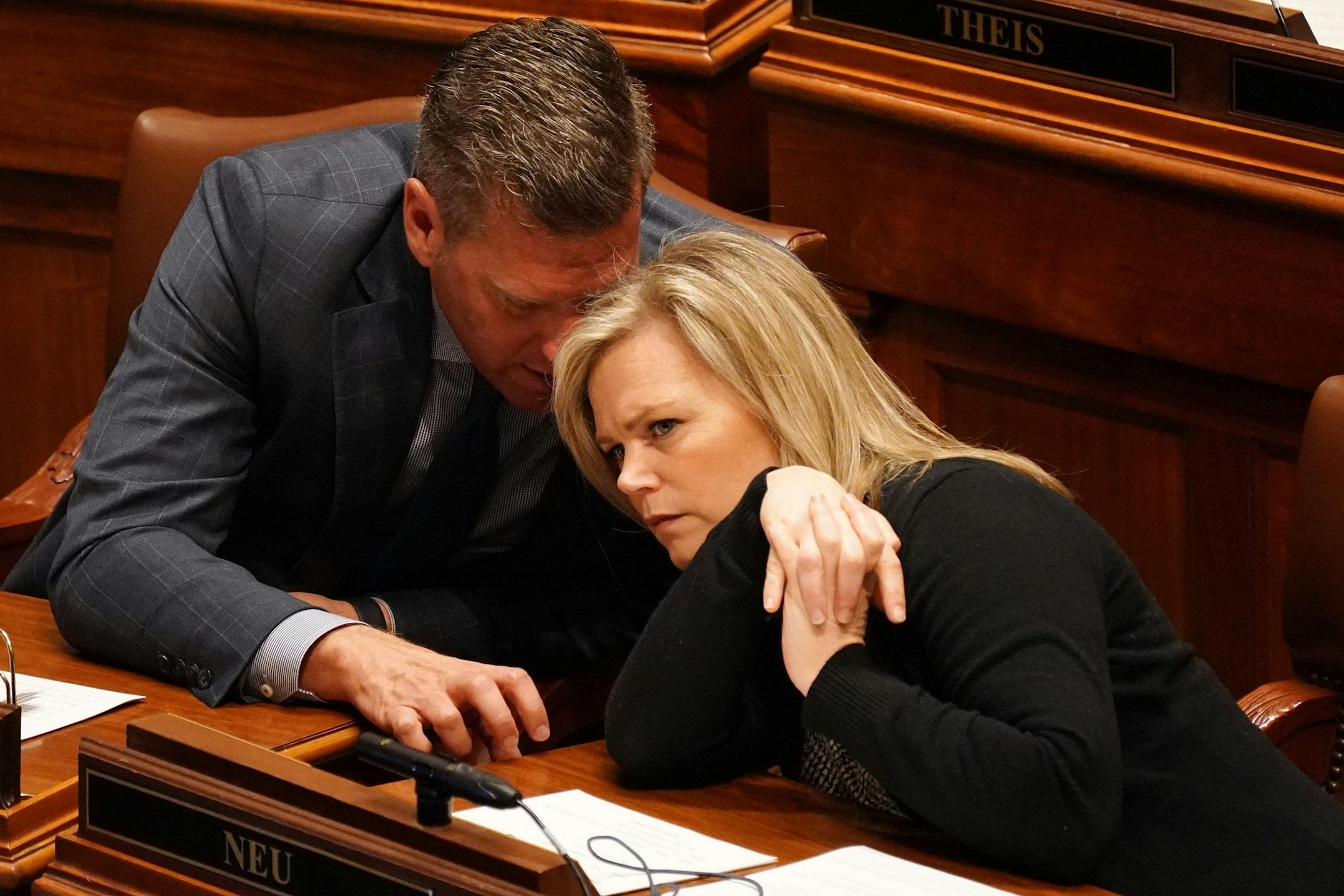 Minority Leader Kurt Daudt talked with Rep. Anne Neu, R-North Branch, during the first day of the legislative session Tuesday.