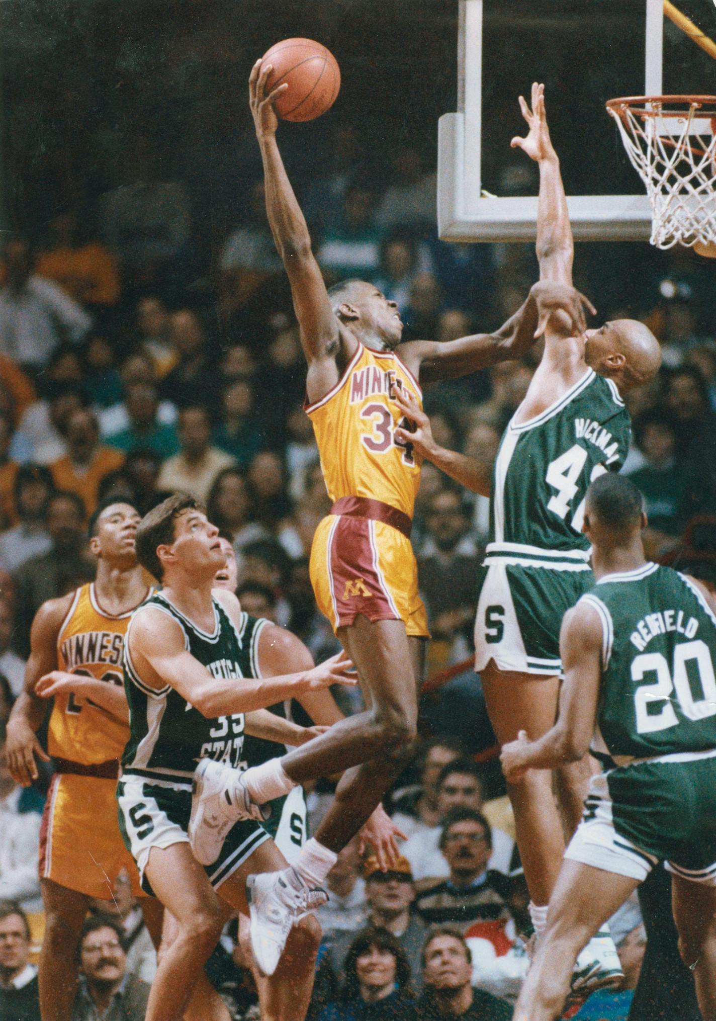 Willie Burton, playing for University of Minnesota Gophers, in 198?- went on to an NBA career, and will now get his diploma from the University of Minnesota, some 20 years later.