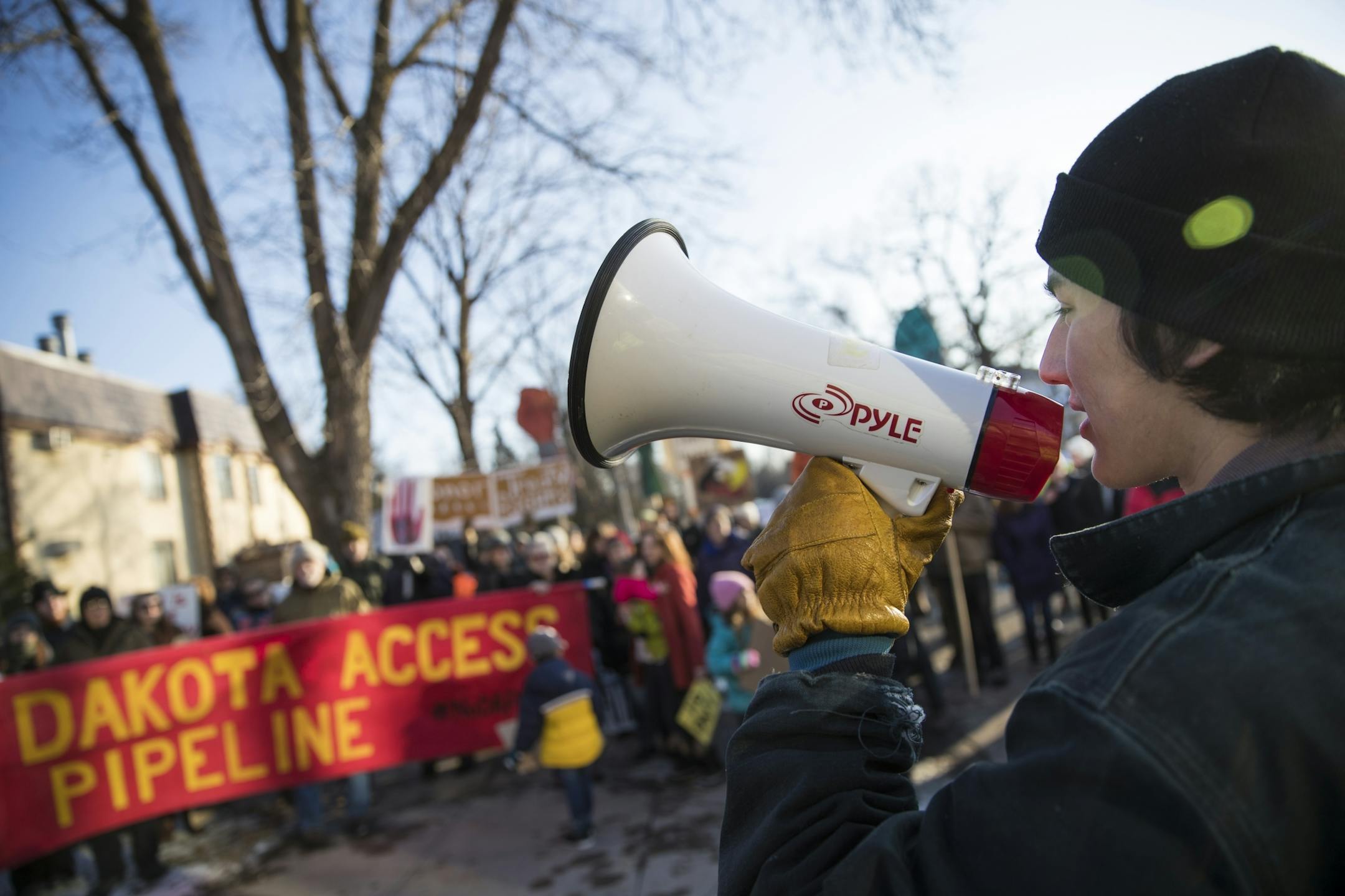 Cherokee Jack Senevisai, 16, led a chant at the beginning of a protest of the Dakota Access Pipeline that proceeded onto the middle of the Marshall Avenue Bridge (Lake Street) on the border of St. Paul and Minneapolis, Minn., on Friday, January 27, 2016.
