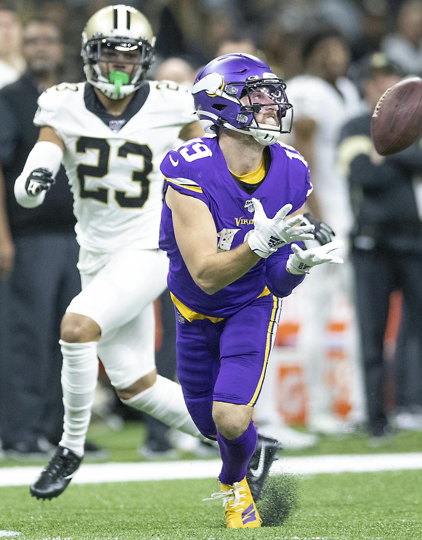 Minnesota Vikings wide receiver Adam Thielen made a long grab for a first down in the third quarter. ] ELIZABETH FLORES &#x2022; liz.flores@startribune.com The Minnesota Vikings take on the New Orleans Saints at Mercedes-Benz Superdome, Sunday, January 5, 2020 in New Orleans, LA.