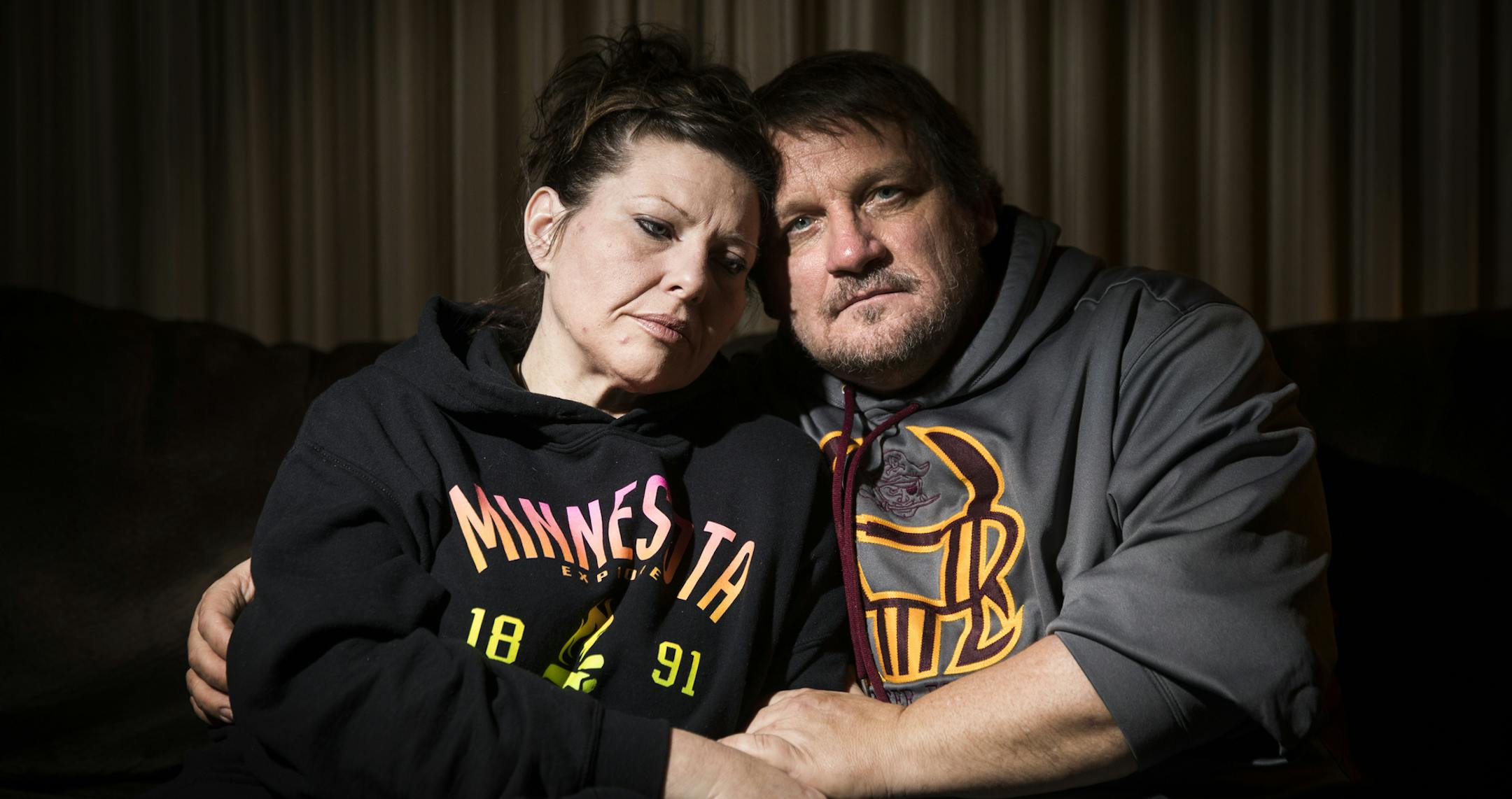 Dale and Tonya Hurley pose for a photo inside their Blue Earth home. ] LEILA NAVIDI &#xef; leila.navidi@startribune.com BACKGROUND INFORMATION: Dale and Tonya Hurley, parents of a 16-year-old Blue Earth student who was allegedly beaten unconscious by four of his football teammates who have been charged with felonies in the attack. Photographed on Thursday, December 7, 2017.