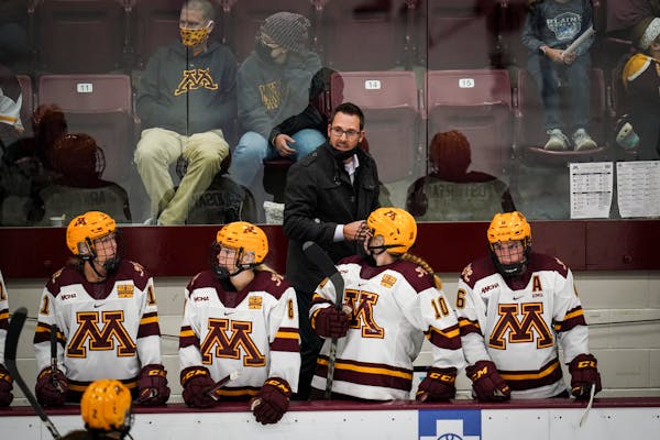 Brad Frost, shown here in 2021, has led the Gophers women’s hockey team to four NCAA titles and 10 appearances in the Frozen Four.