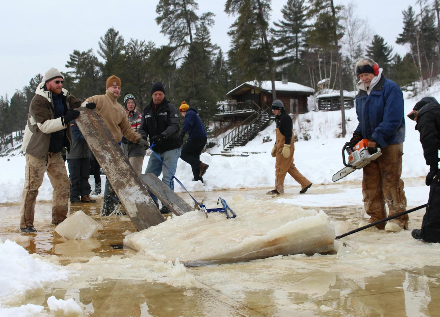 Planks are used to retrieve the initial ice cuts at the Ice Ball.