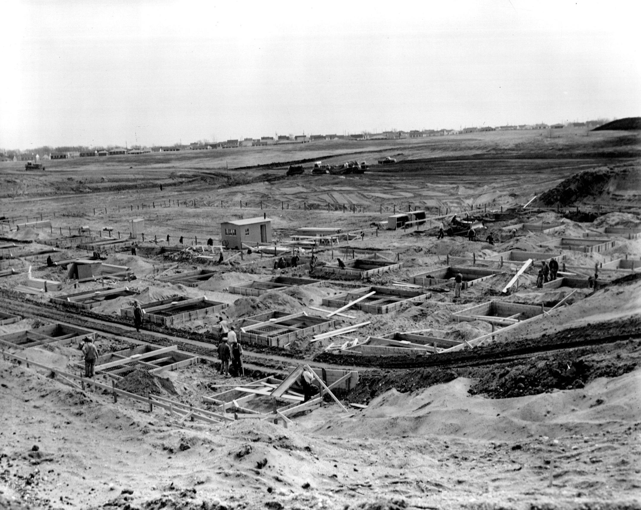 April 4, 1955 Taking Advantage of the weather, workmen today started pouring concrete footings for the 10-million dollar Southdale shopping center at Sixty-sixth and France avenue S. in Edina. Groundbreaking ceremonies for the major shopping center in which Dayton's and L.S. Donaldson Co. are co-operating were held last October. Completion of the project is scheduled for the fall of 1956. Investment in the center and surrounding Southdale residential area eventually will total 15 million dollars