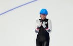 Giorgia Birkeland of White Bear Lake reacted during the women’s speedskating mass start semifinals at the 2022 Winter Olympics.
