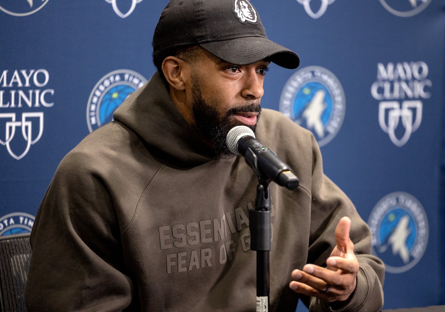 Mike Conley of the Minnesota Timberwolves speaks during an end of season press conference.