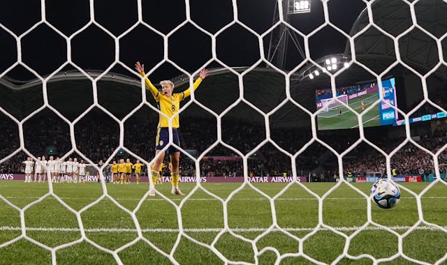 Sweden’s Lina Hurtig reacts as she awaits the decision of her penalty kick that ended her side’s victory over the United States.