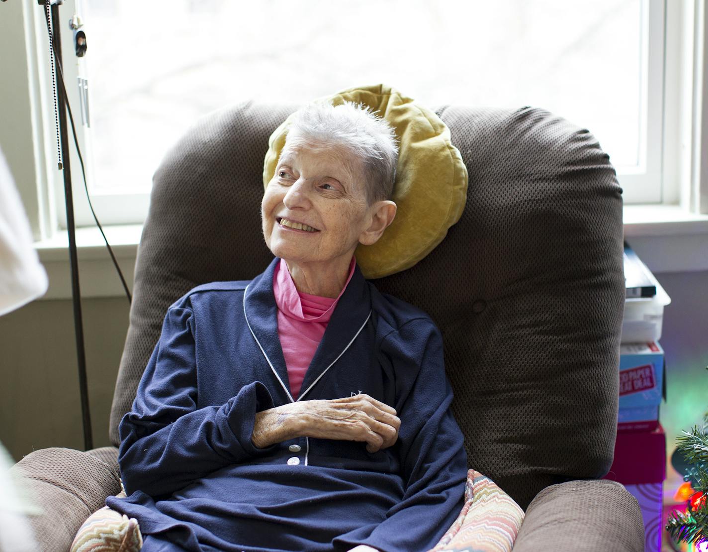 Wilma Evans, who has dementia and a full-time caretaker in her daughter, says that she likes the Healthsense eNeighbor system that monitors her movement and offers emergency support. Photographed at the Evans residence in St. Paul December 15, 2015. (Courtney Perry/Special to the Star Tribune)