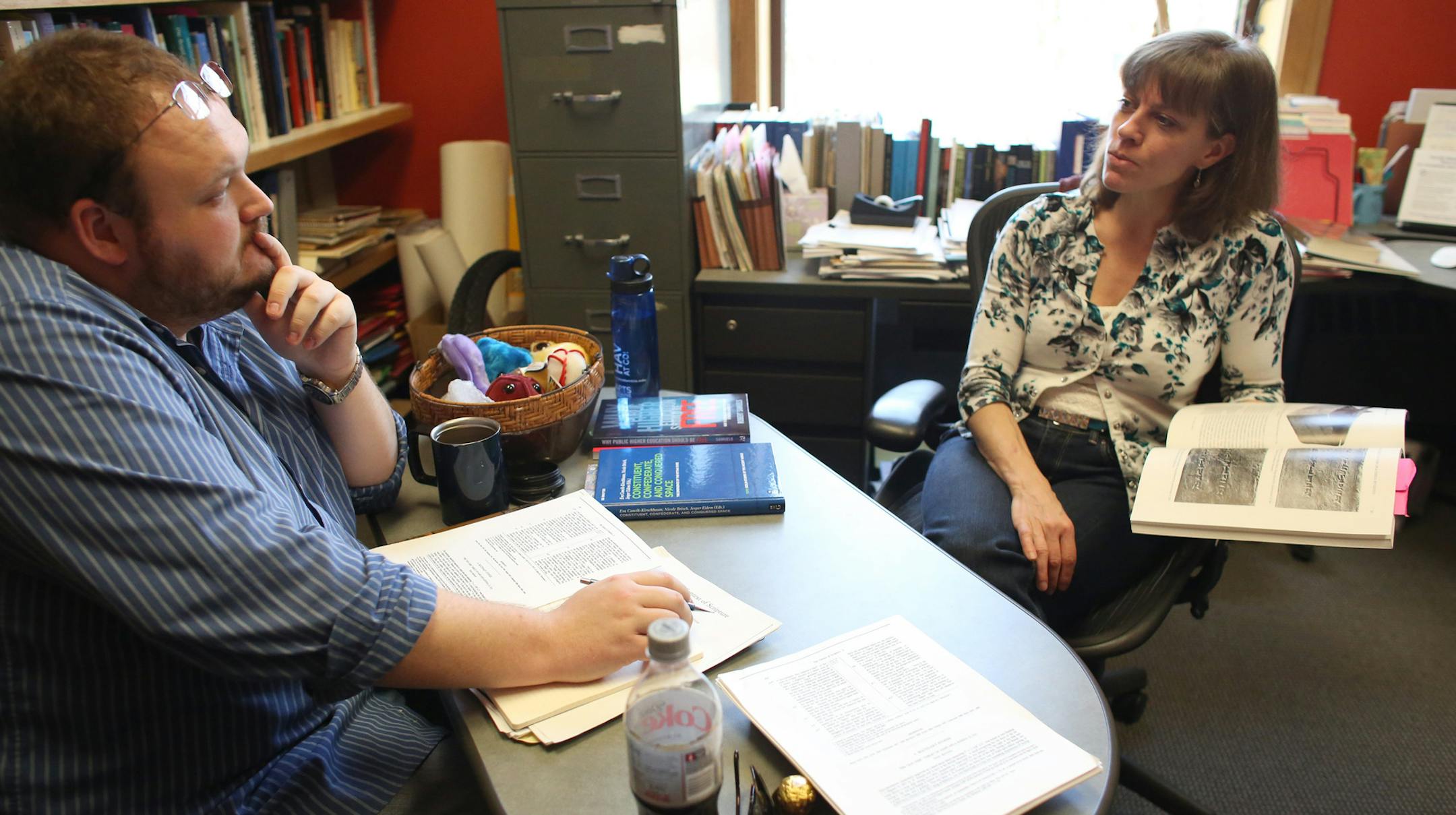 Professor Eva von Dassow asked a question of student Loren Cowdery during class in her office. ] (KYNDELL HARKNESS/STAR TRIBUNE) kyndell.harkness@startribune.com This is during a class called Before Herodotus: History and Historiography of Mesopotamia and the Ancient Near East at Nicholson Hall at the University of Minnesota in Minneapolisi, Min, Wednesday April 9, 2014. For the first time, the faculty is considering making at least some of those evaluations public, to help students when they're