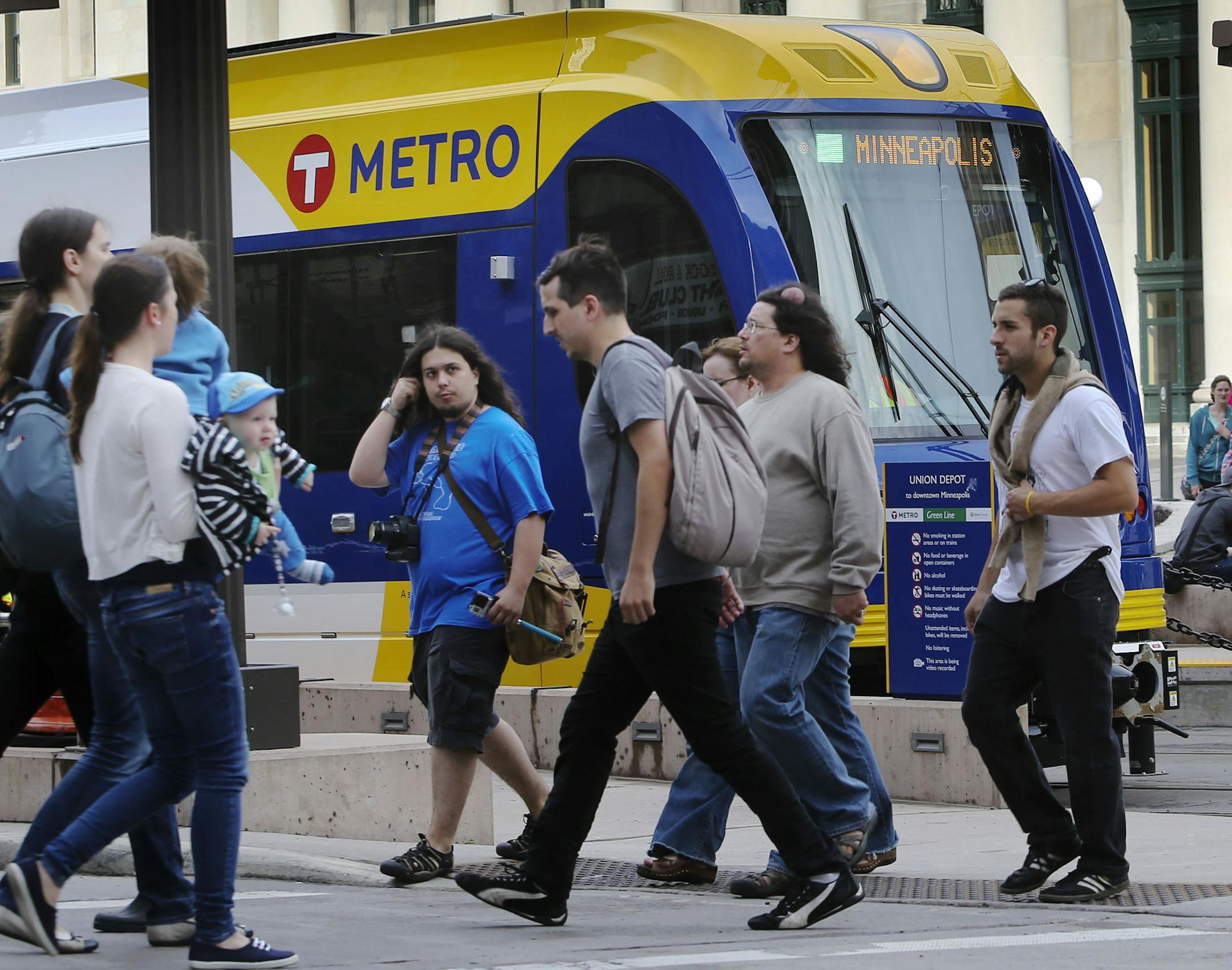 The first trains on the Greenline prepare to leave the station following an official ribbon cutting ceremony Saturday, June 14, 2014, at Union Station in St. Paul, MN.] (DAVIDJOLES/STARTRIBUNE) djoles@startribune.com After more than a decade of planning and nearly a billion dollars of public money, the Twin Cities' second light-rail line begins running Saturday as officials cut ribbons for the Green Line.