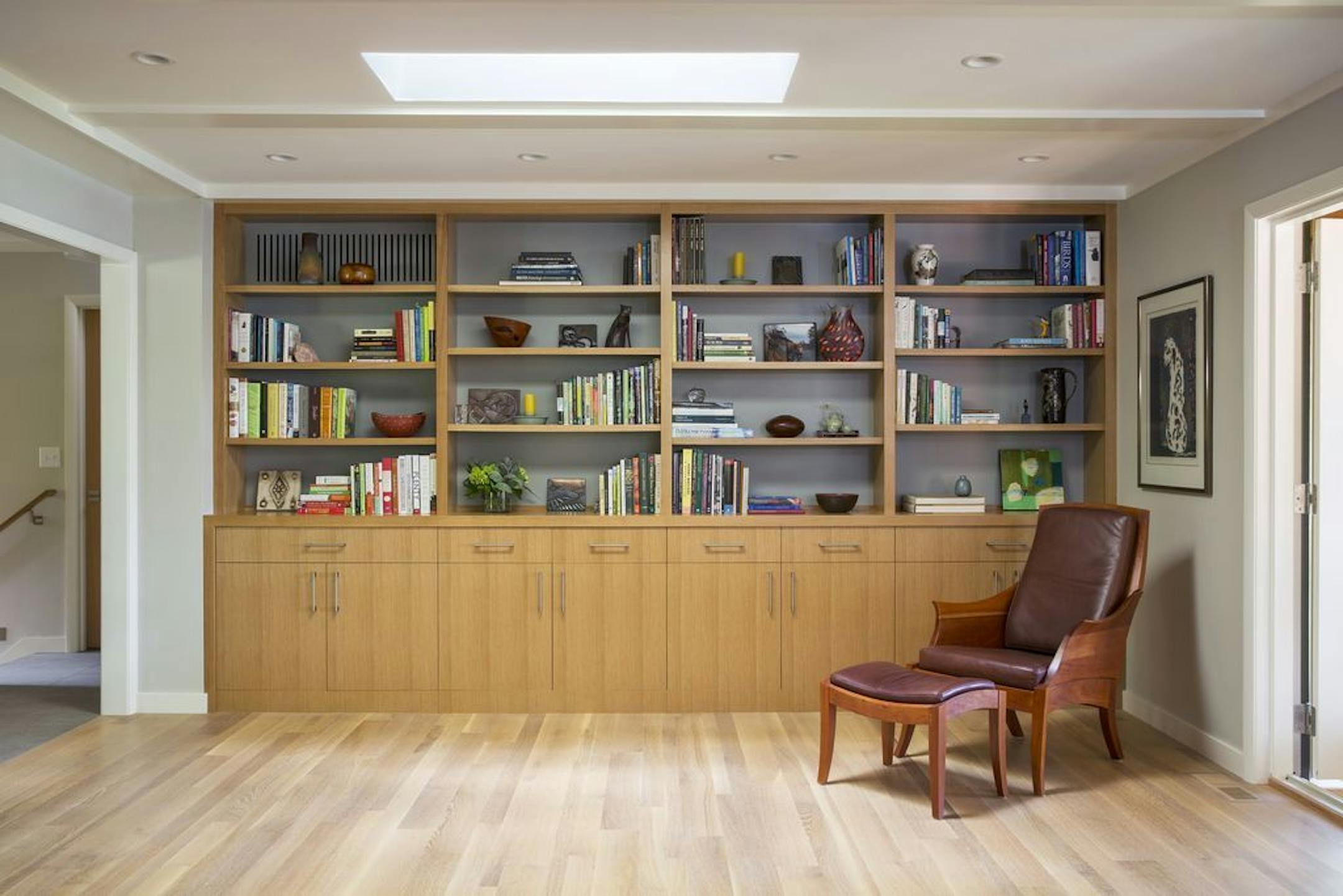 New built-in bookshelves and cabinets in the family room.