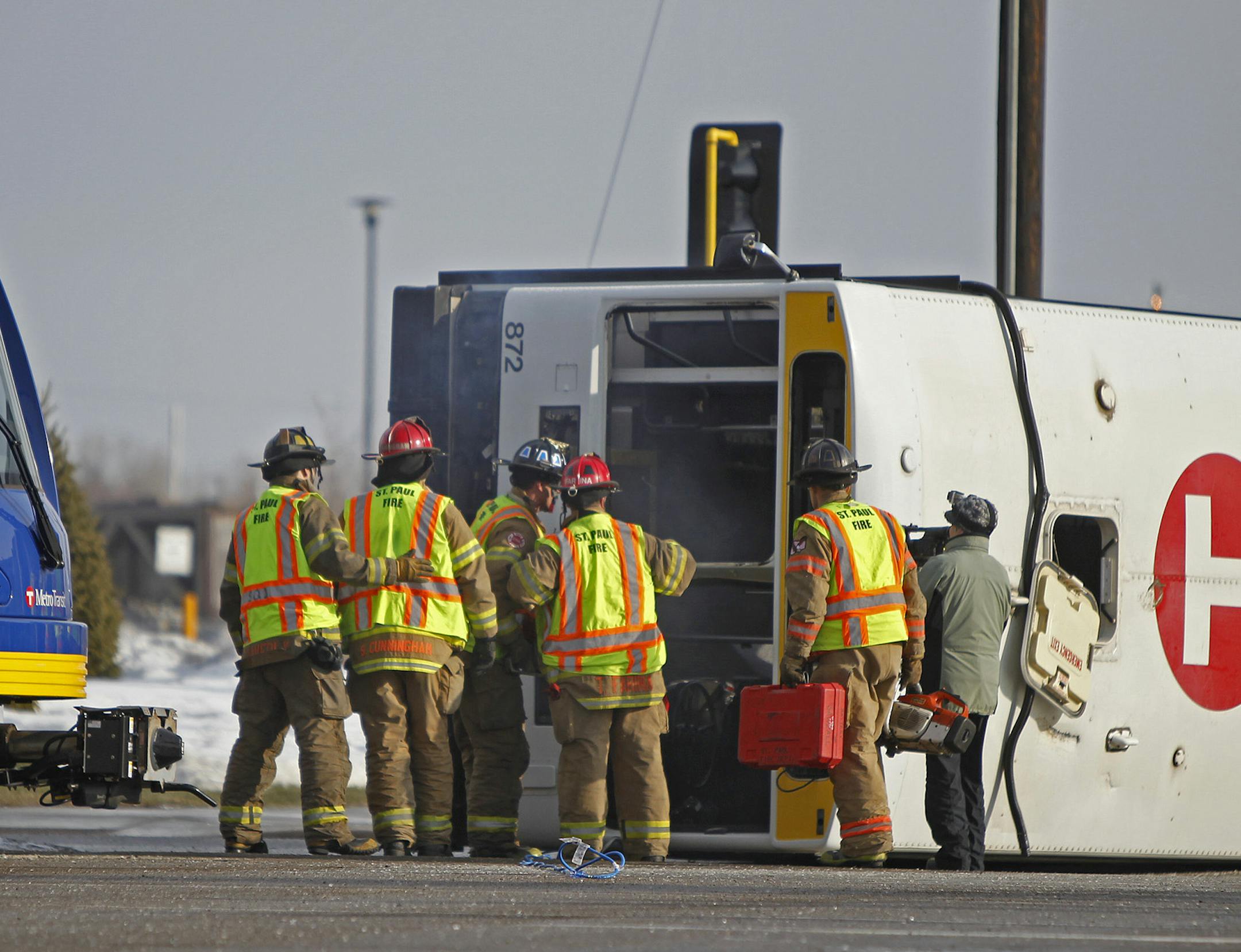 The Metro Transit, the University of Minnesota and multiple public safety agencies participated in a full-scale emergency preparedness exercise near TCF Bank Stadium on Tuesday, March 18, 2014 in Minneapolis, MN. They had a mock accident between a train and a metro bus filled with passengers. ] (ELIZABETH FLORES/STAR TRIBUNE) ELIZABETH FLORES &#x2022; eflores@startribune.com