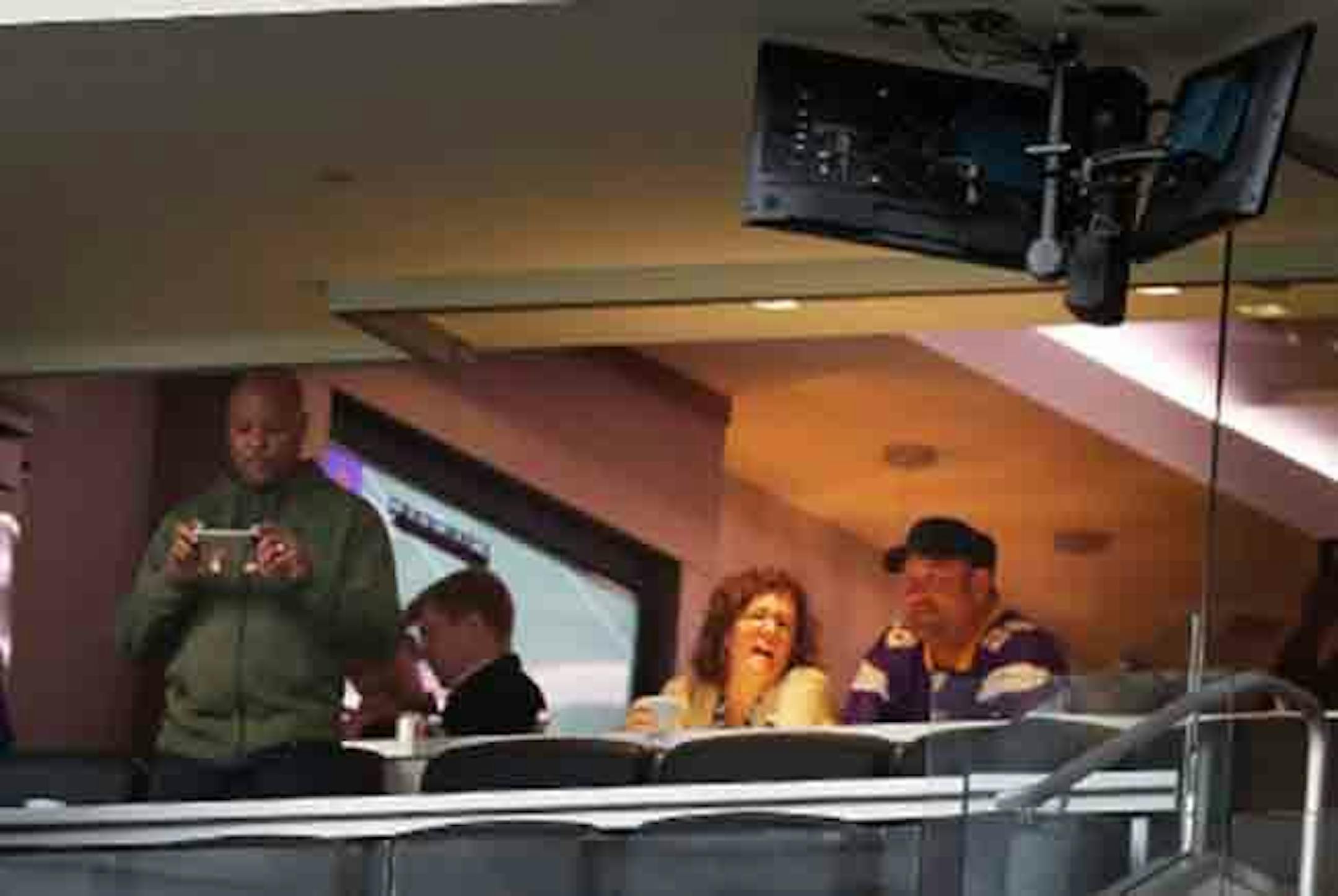 A look inside the Minnesota Sports Facilities Authority suites at U.S. Bank Stadium when the Vikings played Arizona on Nov. 20. The MSFA declines to identify their guests, although executive director Ted Mondale's wife, Rebecca, is sitting at the rail next to an unidentified man in a Vikings jersey. To her right is Louis Mondale, Ted Mondale's son.