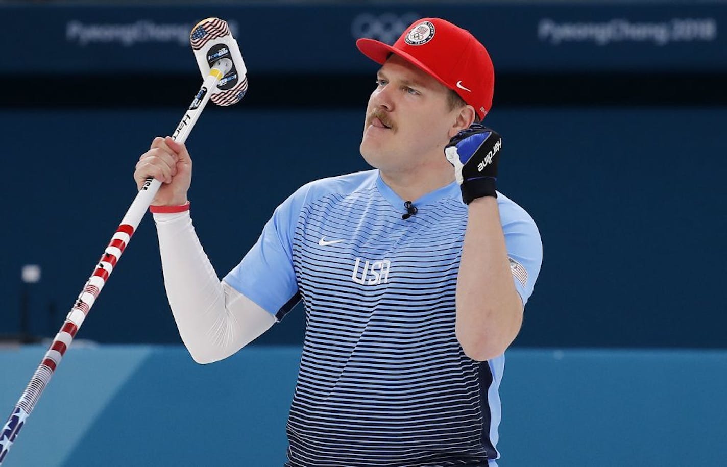 The United States's Matt Hamilton gestured after winning their men's curling match against Canada at the 2018 Winter Olympics in Gangneung, South Korea, on Monday.