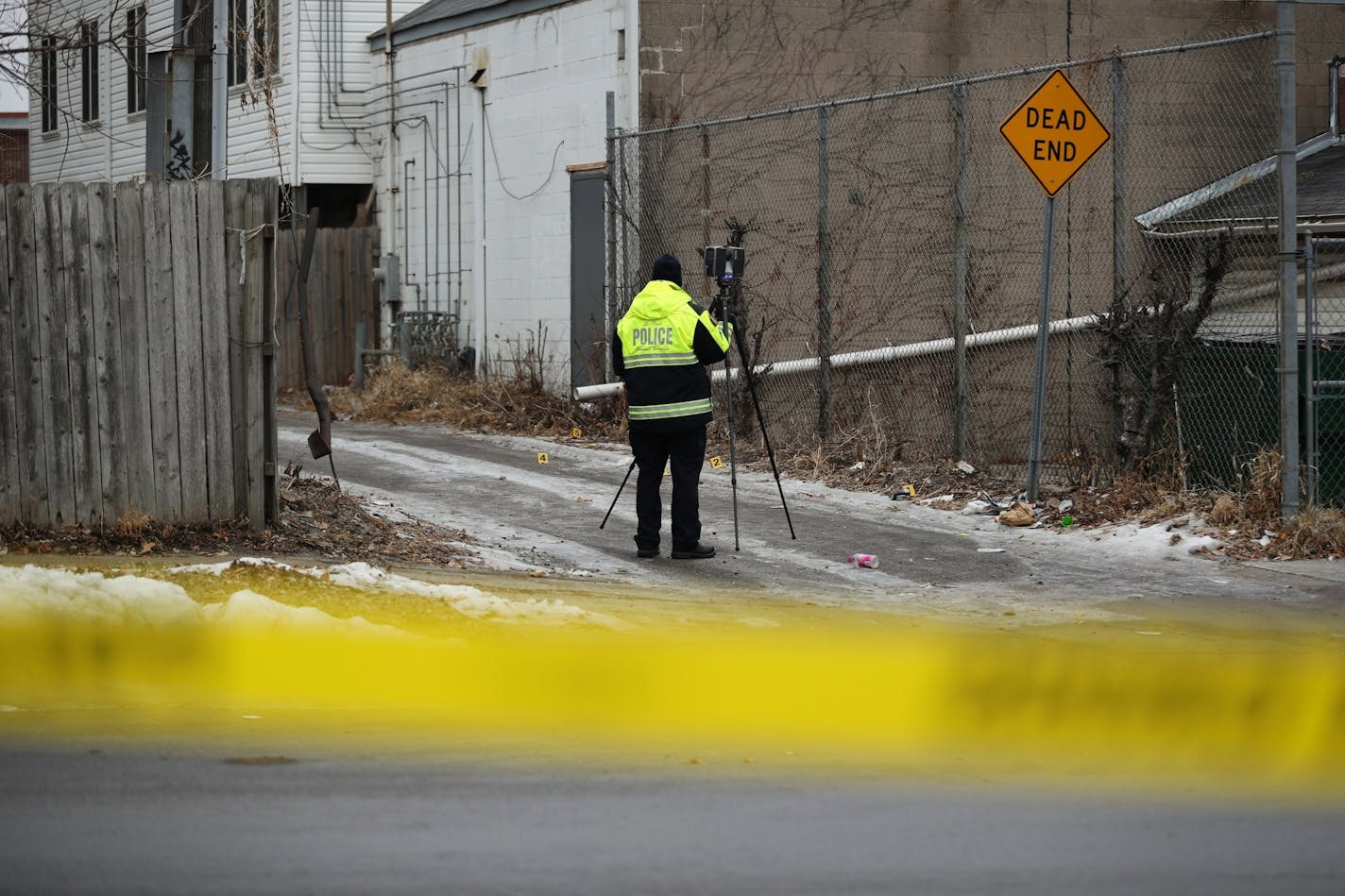 St. Paul police were on the scene of what the department is calling the city's first shooting homicide of the year in the alley behind Sunrise Grocery on University Avenue during the morning of Tuesday, January 15, 2019.