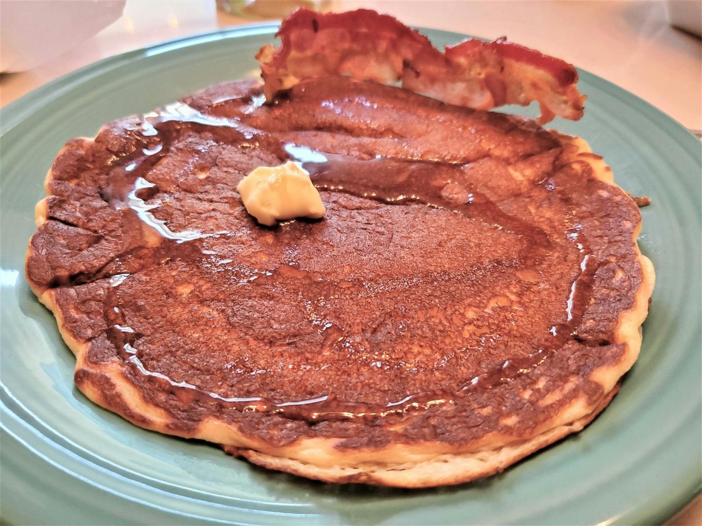 Pancake and bacon from Milda's Cafe.