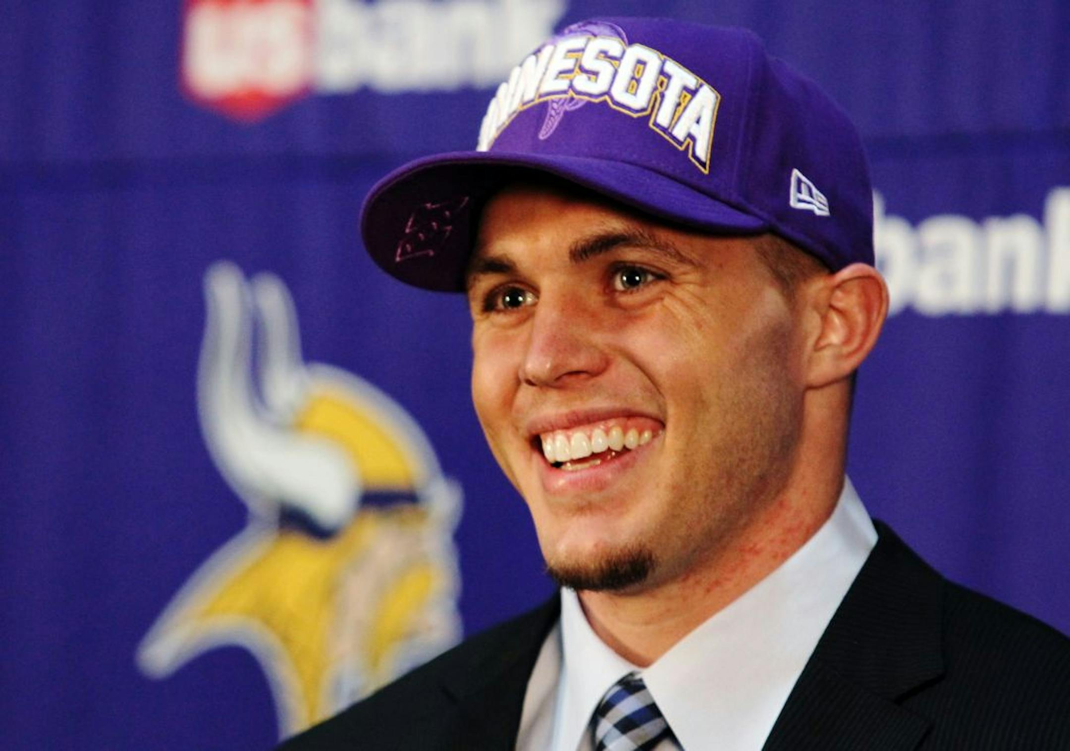 Minnesota Vikings first round draft pick Harrison Smith smiles while answering questions during a press conference at Winter Park, the team's practice facility, in Eden Prairie, Friday, April 27, 2012.