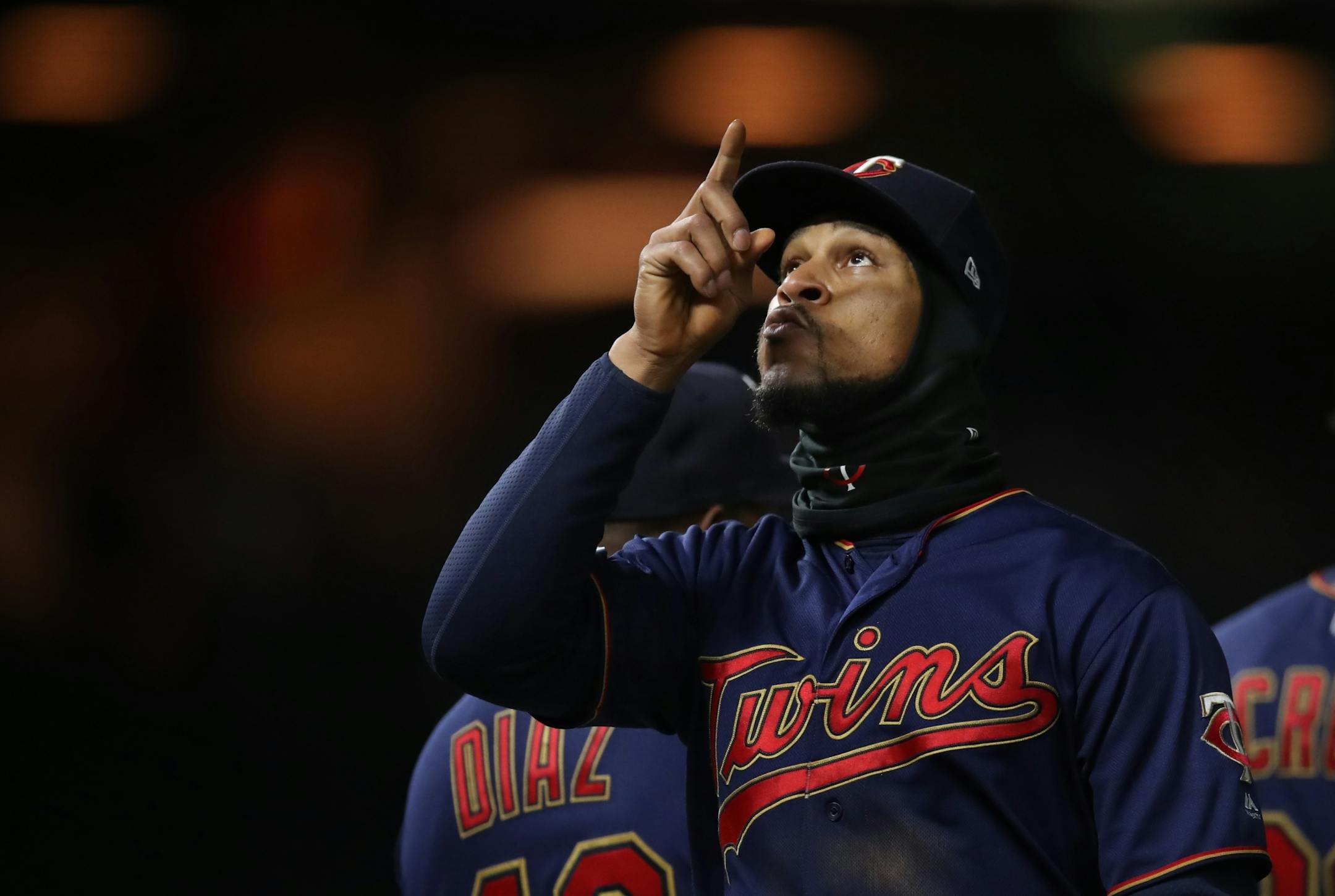 Minnesota Twins center fielder Byron Buxton (25) pointed to the sky after the Twins won at Target Field Wednesday May1, 2019 in Minneapolis, MN.