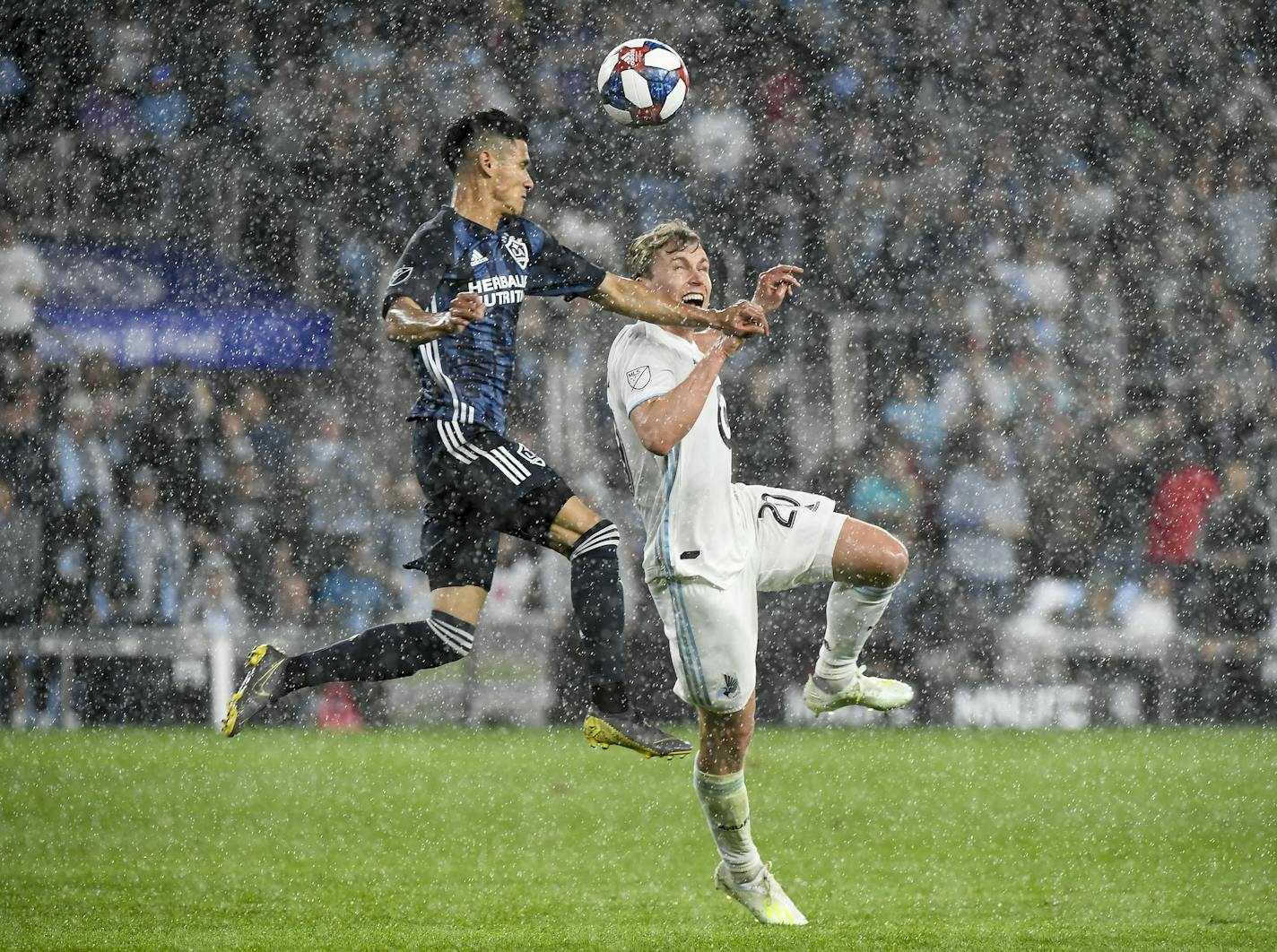 Minnesota United midfielder Rasmus Schuller (20) and Los Angeles Galaxy midfielder Uriel Antuna (18) jumped for a header in the second half. ] Aaron Lavinsky &#xa5; aaron.lavinsky@startribune.com Minnesota United FC played the Los Angeles Galaxy in an MLS soccer game on Wednesday, April 24, 2019 at Allianz Field in St. Paul, Minn.